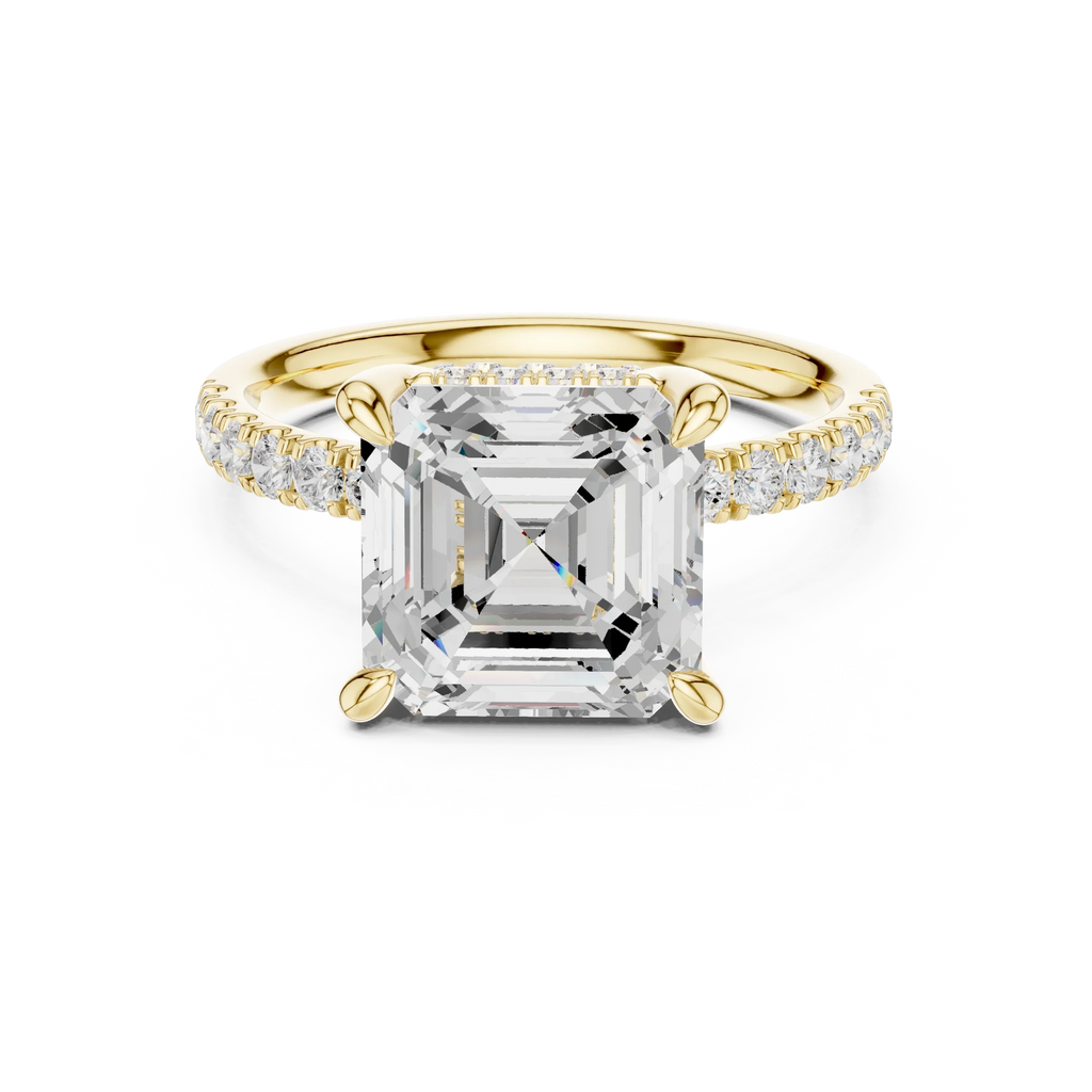 10K White Gold 4.58 CTW Asscher Moissanite Double Hidden Halo Cathedral Engagement Diamond Ring