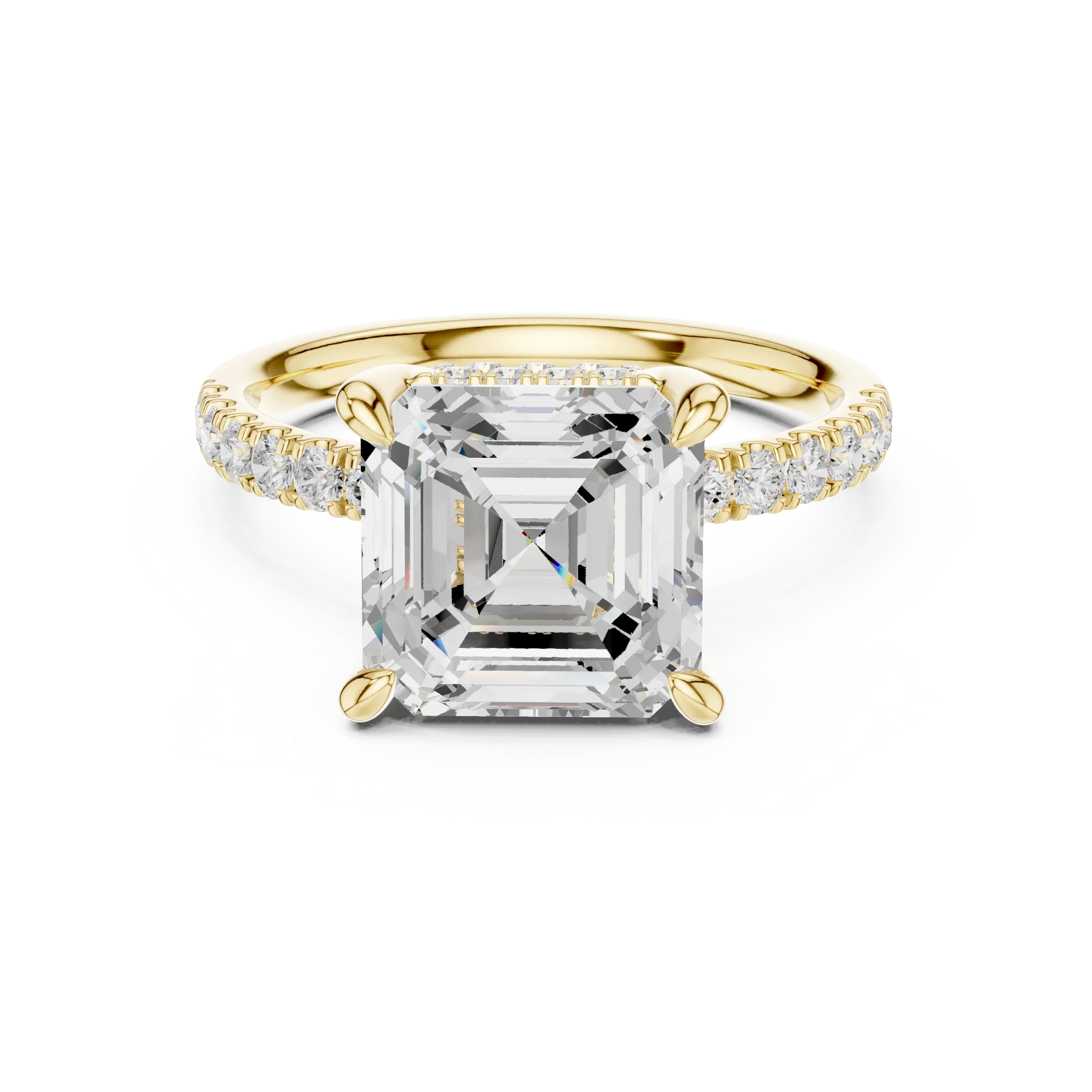 10K White Gold 4.58 CTW Asscher Moissanite Double Hidden Halo Cathedral Engagement Diamond Ring