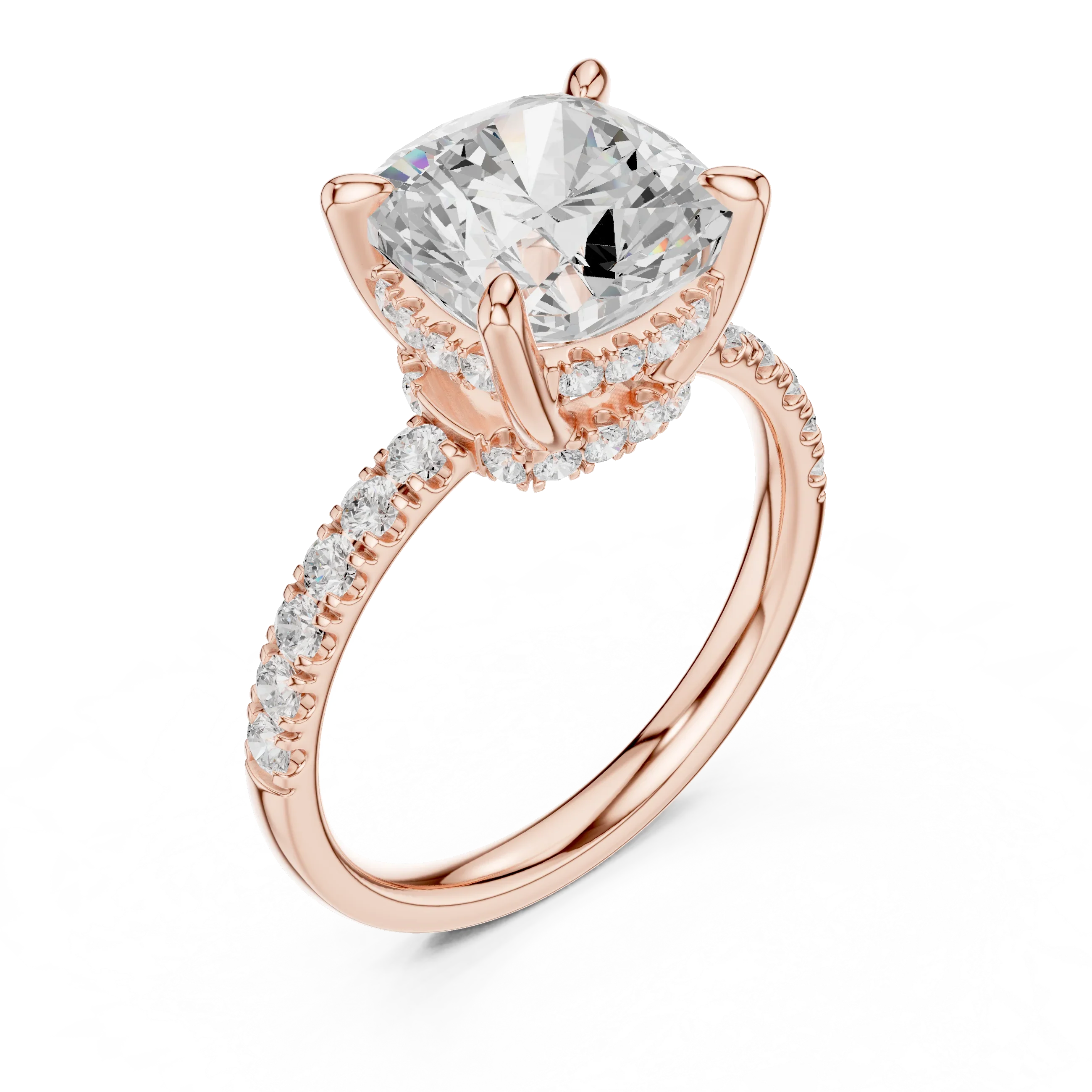 10K White Gold 4.58 CTW Cushion Moissanite Double Hidden Halo Cathedral Engagement Diamond Ring