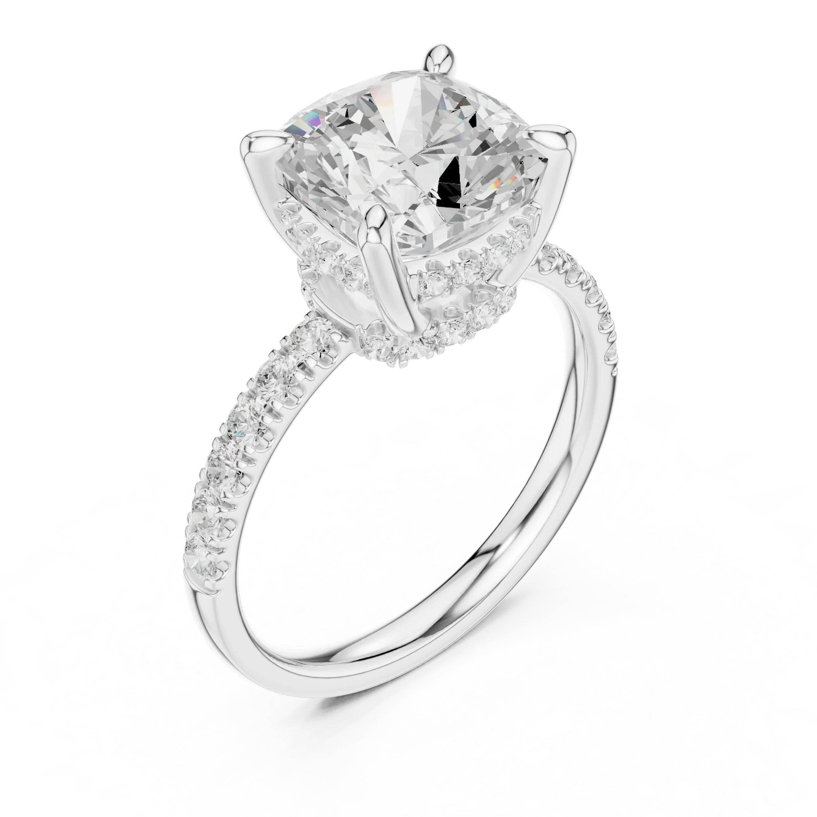 10K White Gold 4.58 CTW Cushion Moissanite Double Hidden Halo Cathedral Engagement Diamond Ring