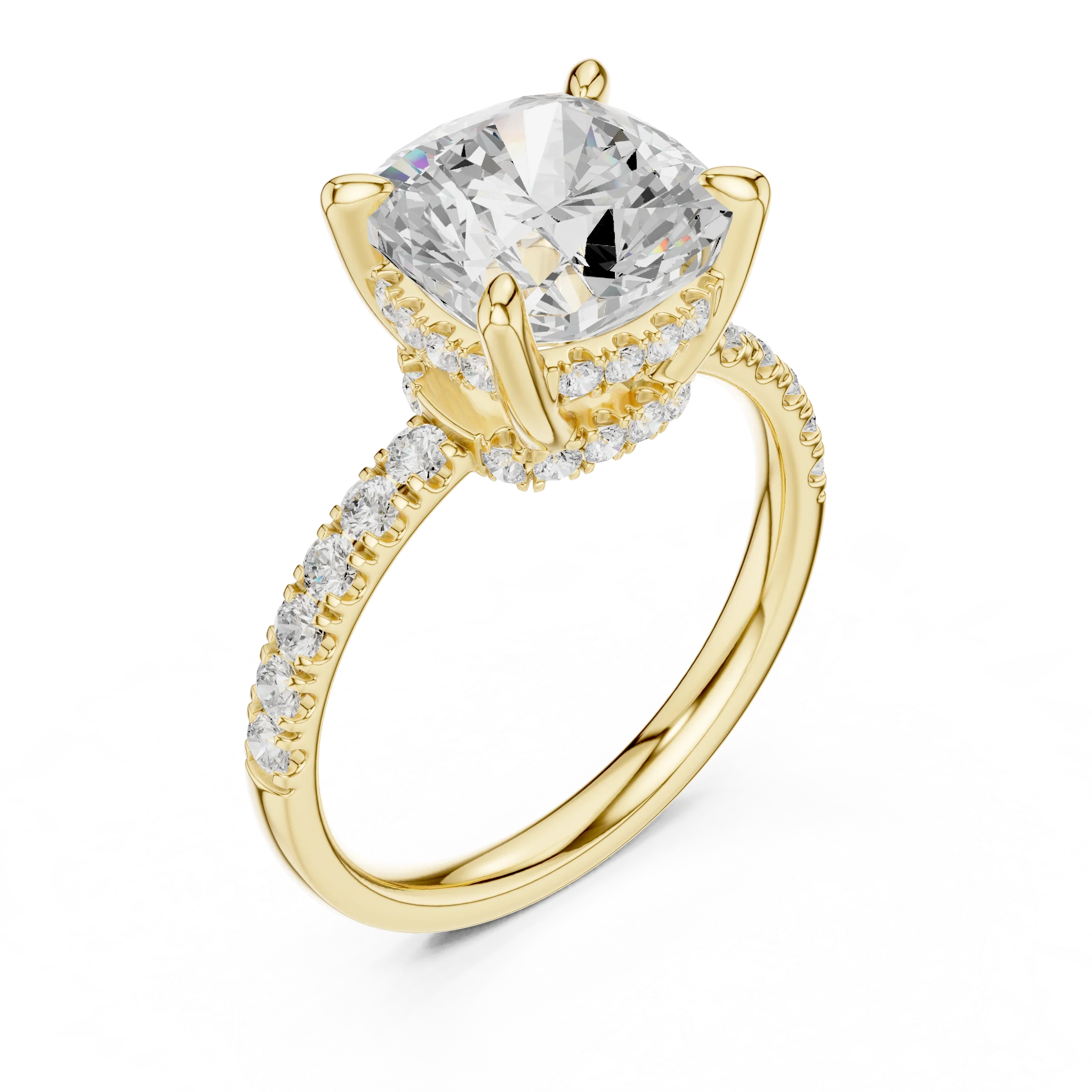 10K White Gold 4.58 CTW Cushion Moissanite Double Hidden Halo Cathedral Engagement Diamond Ring