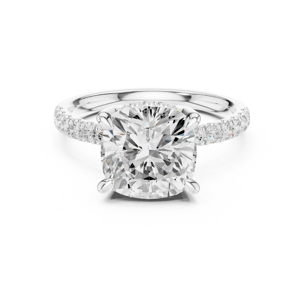 10K White Gold 4.58 CTW Cushion Moissanite Double Hidden Halo Cathedral Engagement Diamond Ring