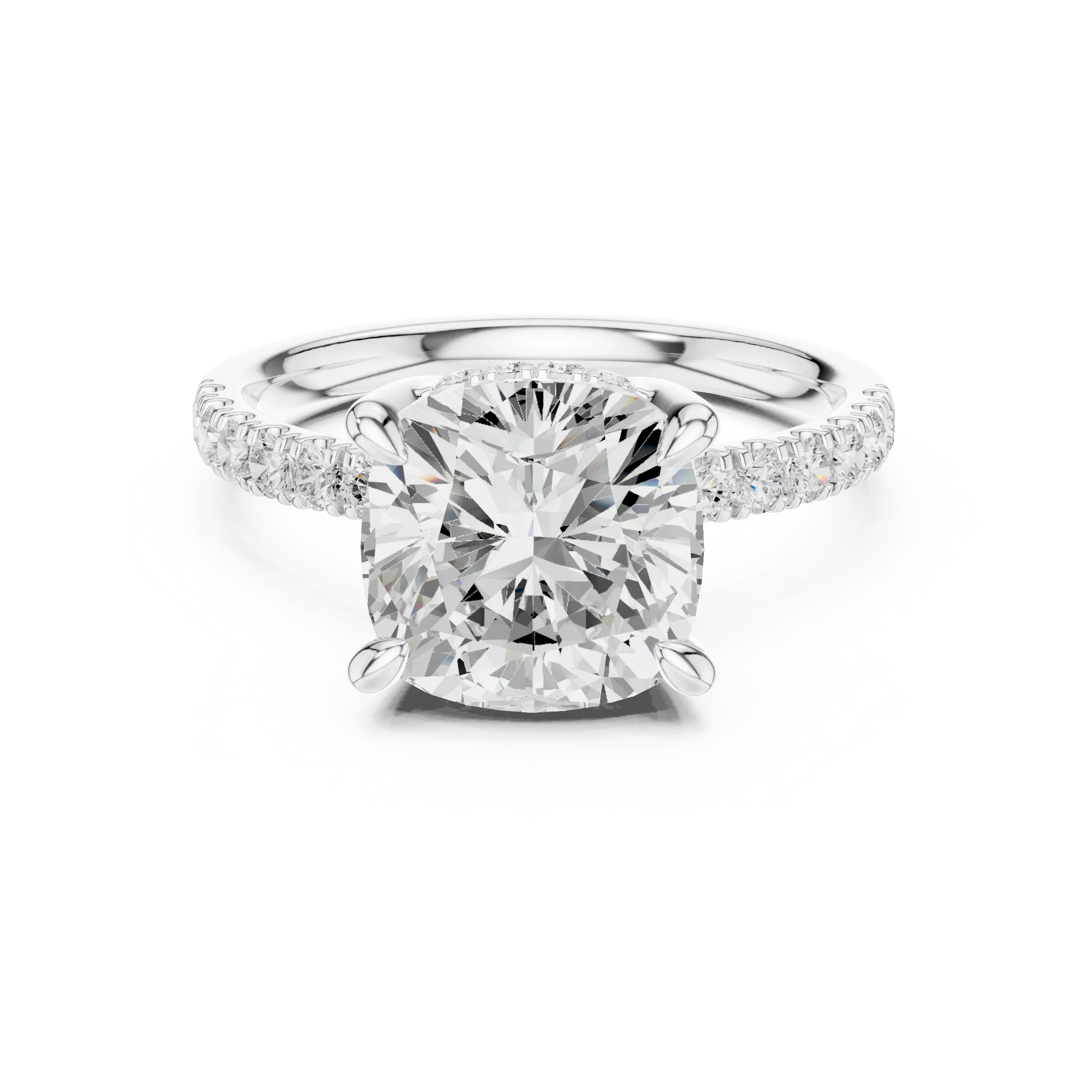 10K White Gold 4.58 CTW Cushion Moissanite Double Hidden Halo Cathedral Engagement Diamond Ring