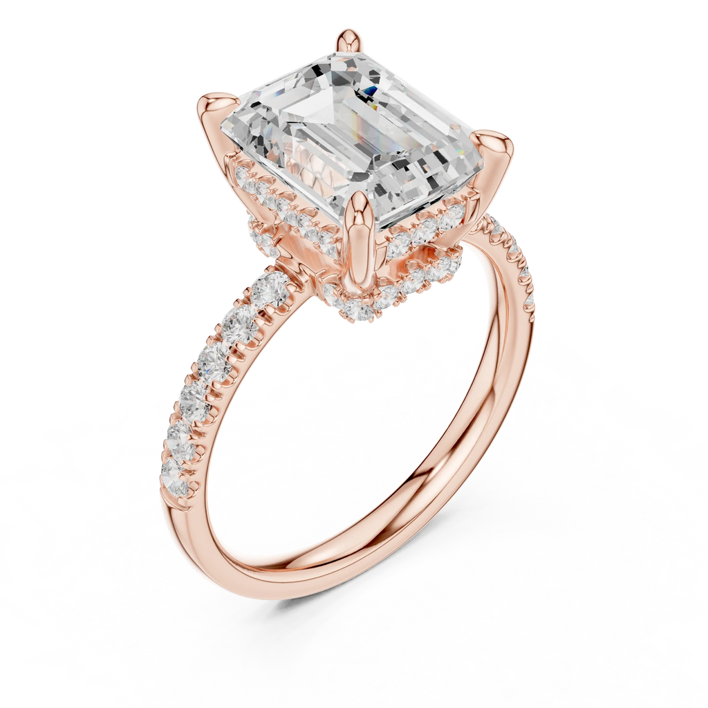 10K White Gold 4.58 CTW Emerald Moissanite Double Hidden Halo Cathedral Engagement Diamond Ring