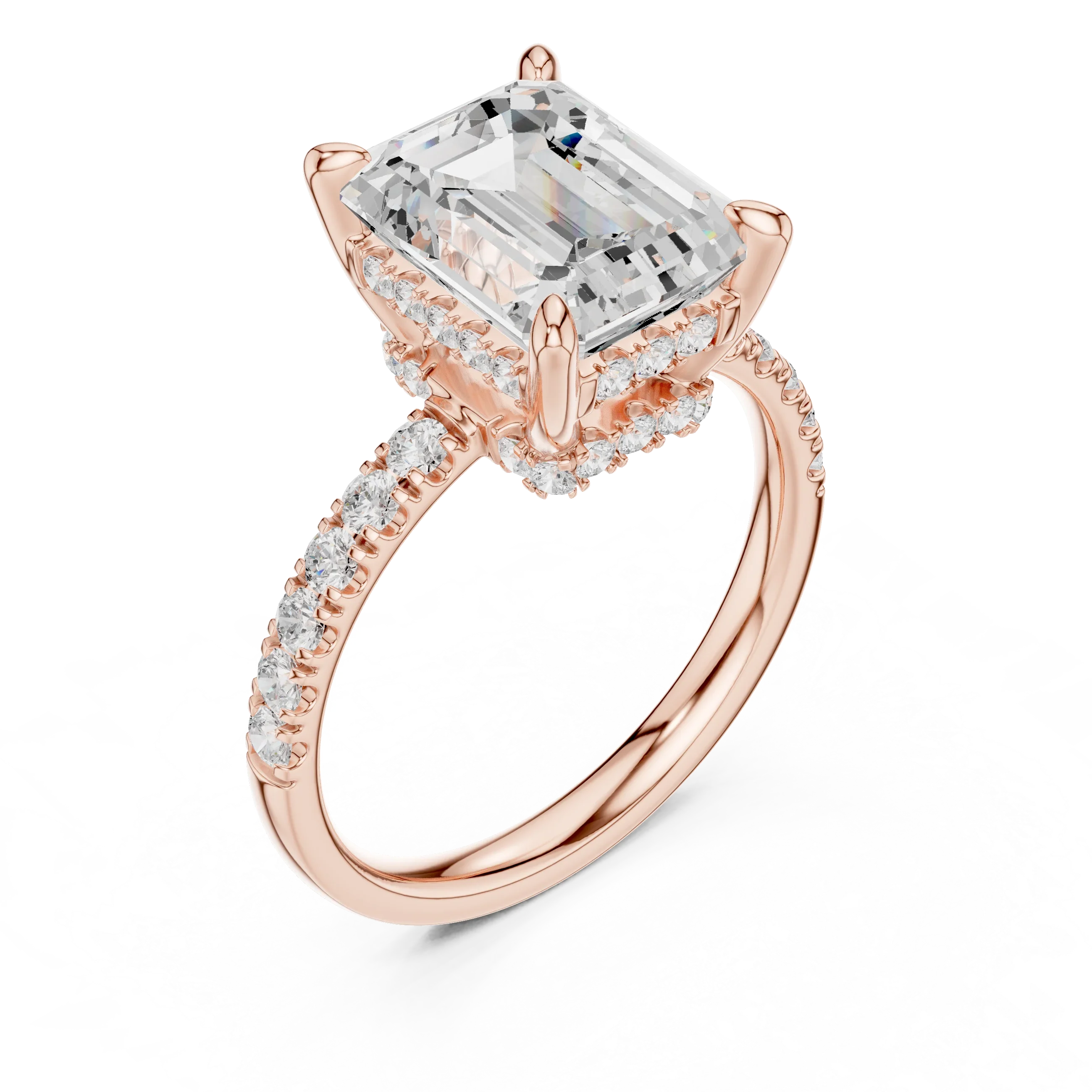 10K White Gold 4.58 CTW Emerald Moissanite Double Hidden Halo Cathedral Engagement Diamond Ring