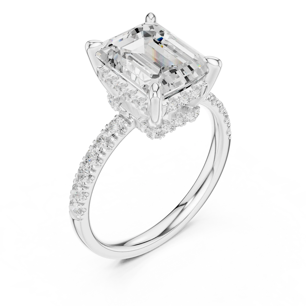 10K White Gold 4.58 CTW Emerald Moissanite Double Hidden Halo Cathedral Engagement Diamond Ring