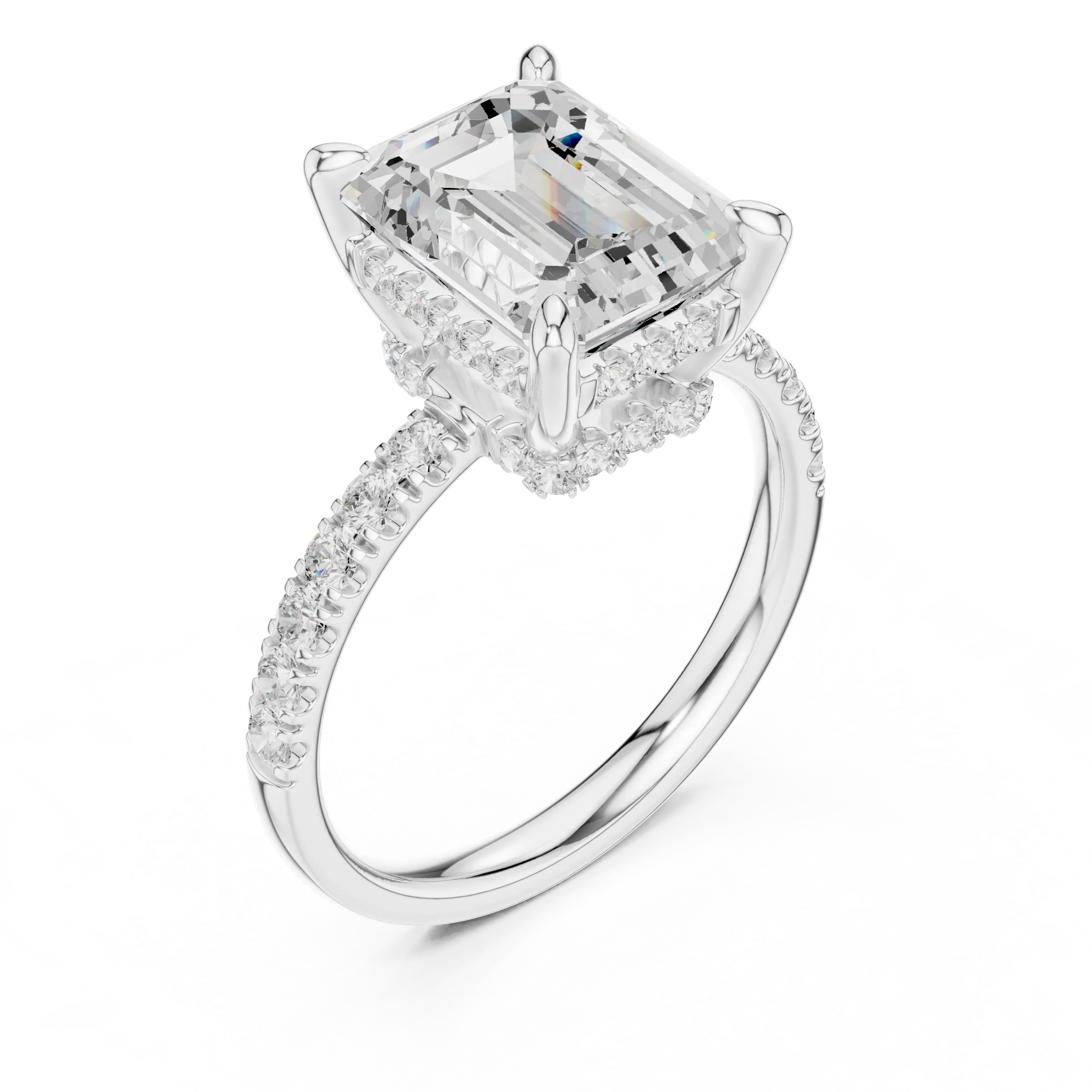 10K White Gold 4.58 CTW Emerald Moissanite Double Hidden Halo Cathedral Engagement Diamond Ring