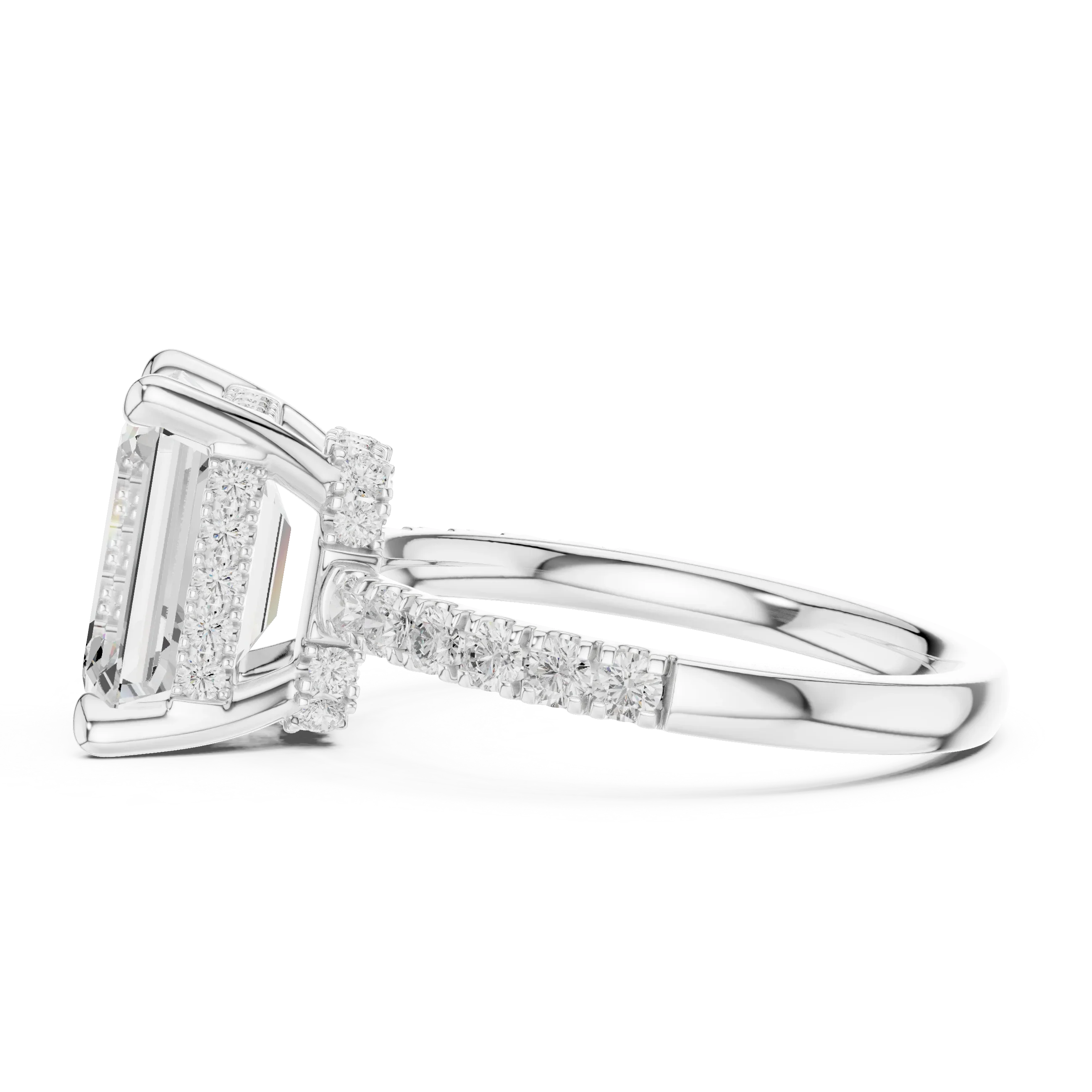 10K White Gold 4.58 CTW Emerald Moissanite Double Hidden Halo Cathedral Engagement Diamond Ring