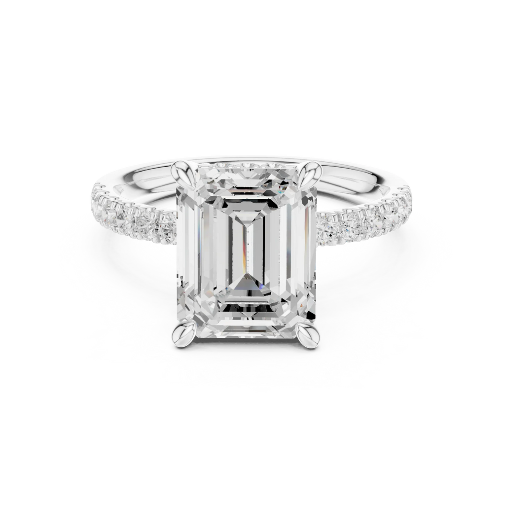 10K White Gold 4.58 CTW Emerald Moissanite Double Hidden Halo Cathedral Engagement Diamond Ring