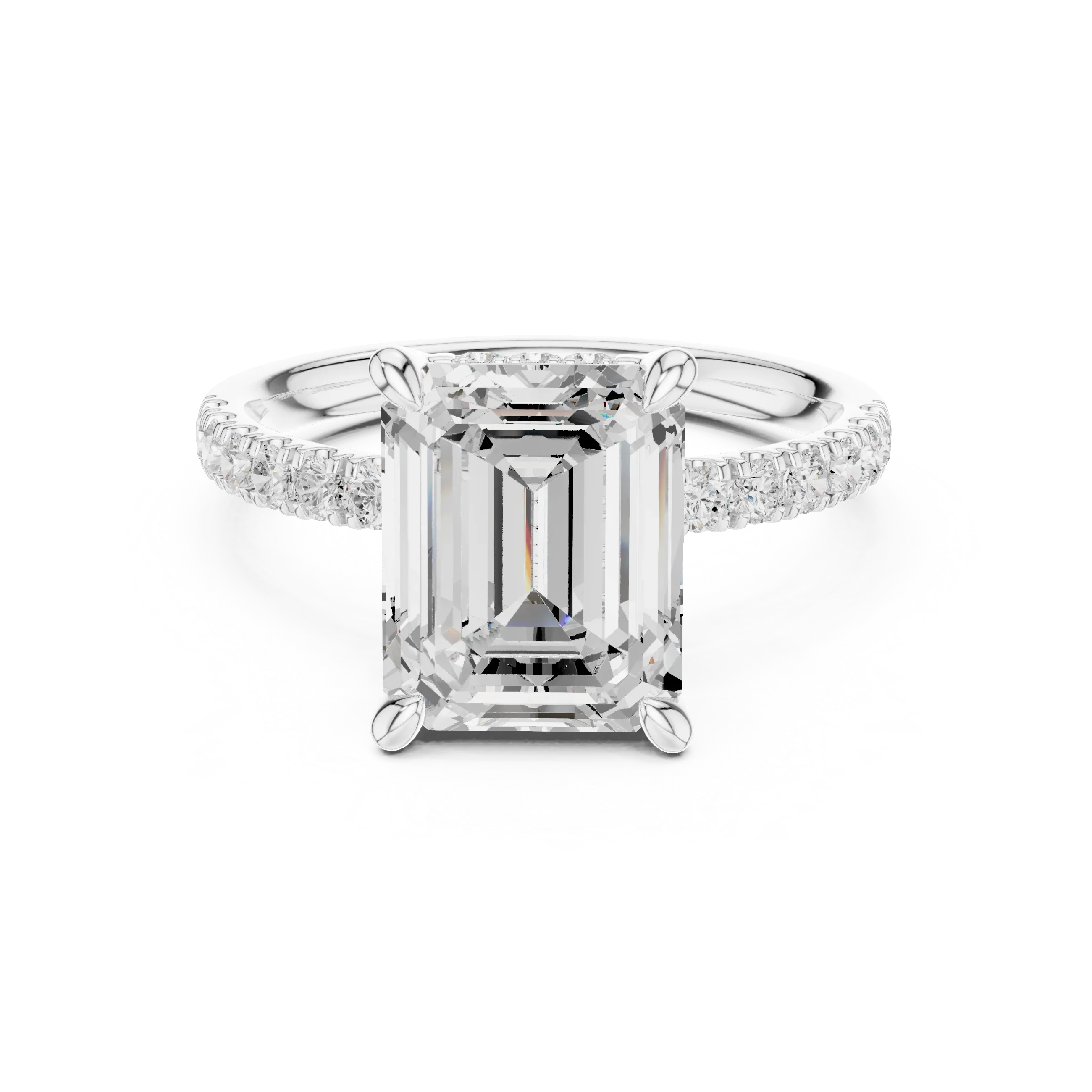10K White Gold 4.58 CTW Emerald Moissanite Double Hidden Halo Cathedral Engagement Diamond Ring