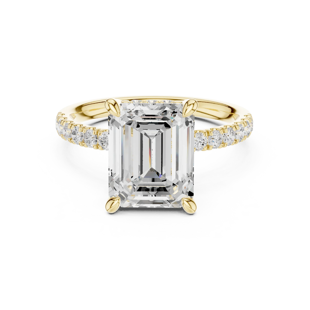 10K White Gold 4.58 CTW Emerald Moissanite Double Hidden Halo Cathedral Engagement Diamond Ring