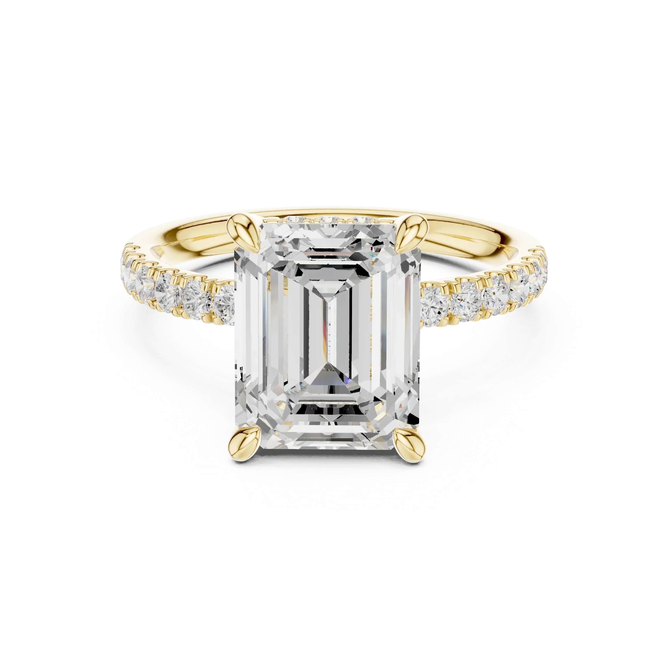 10K White Gold 4.58 CTW Emerald Moissanite Double Hidden Halo Cathedral Engagement Diamond Ring