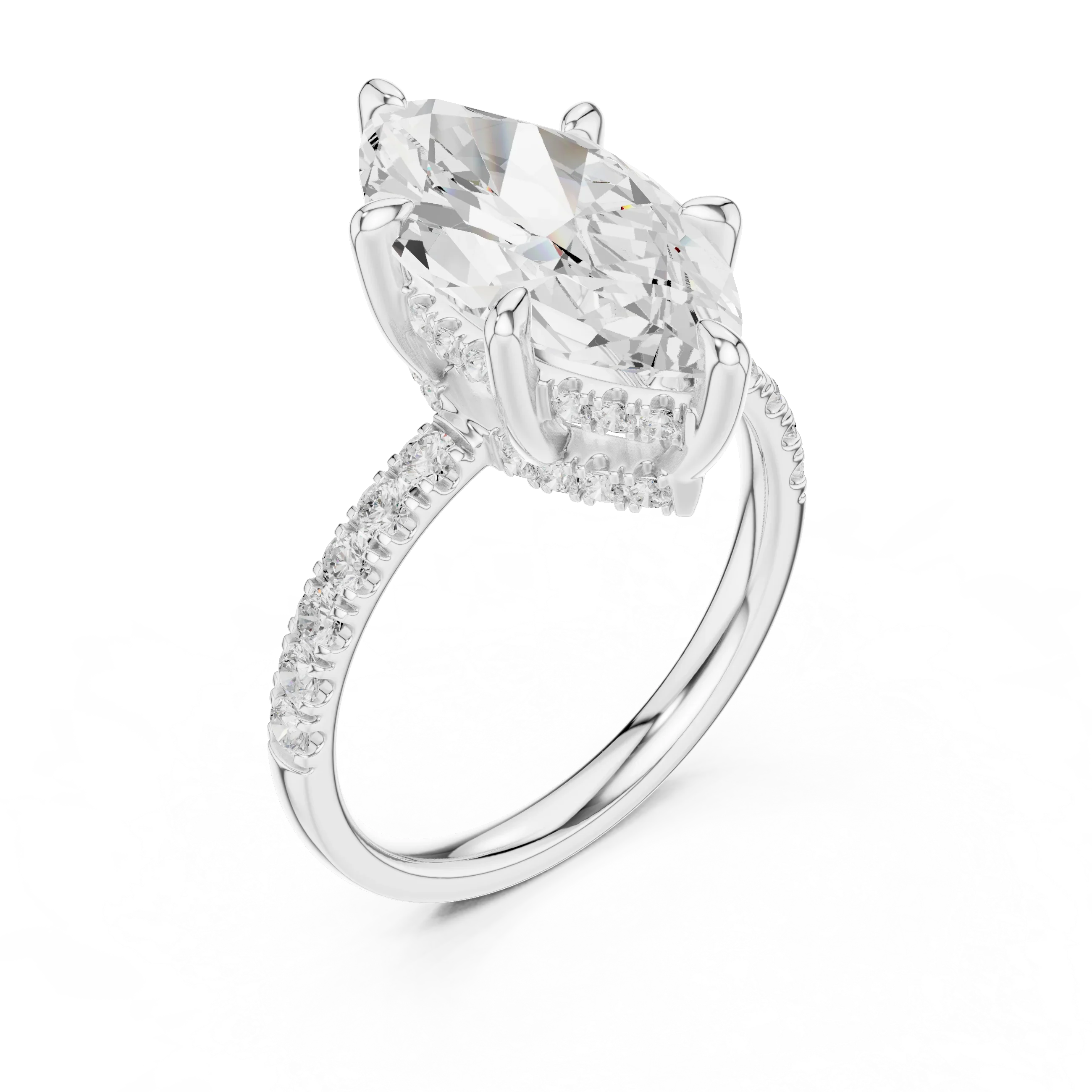 10K White Gold 4.58 CTW Marquise Moissanite Double Hidden Halo Cathedral Engagement Diamond Ring
