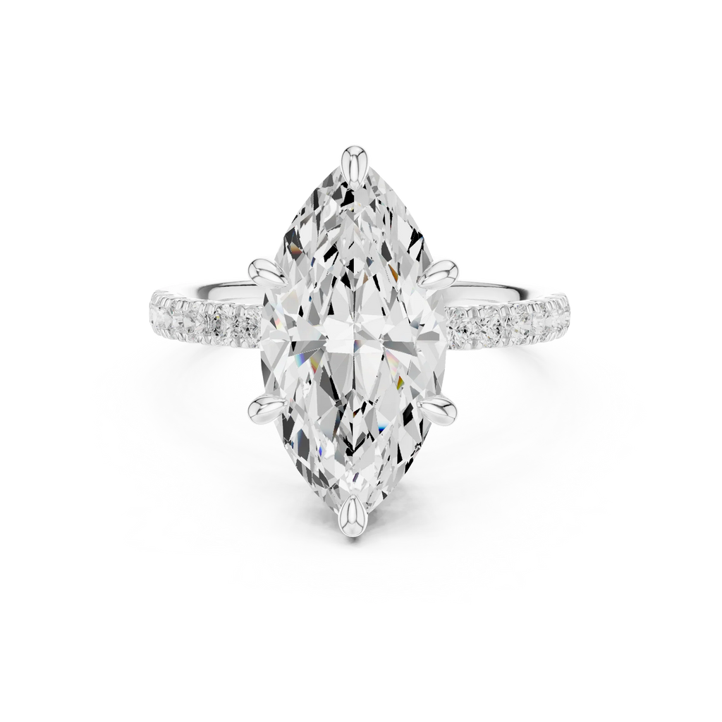10K White Gold 4.58 CTW Marquise Moissanite Double Hidden Halo Cathedral Engagement Diamond Ring