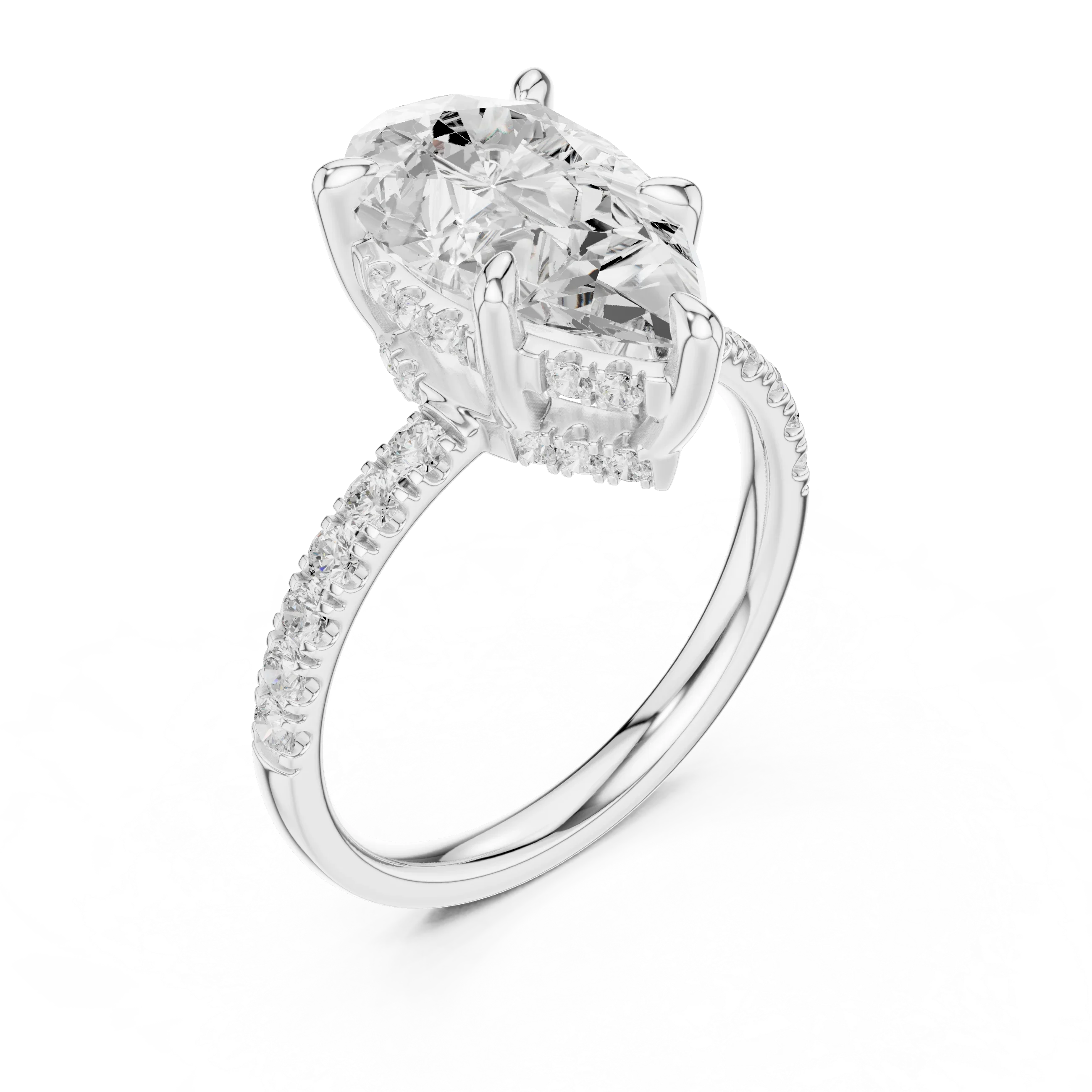 10K White Gold 4.58 CTW Pear Moissanite Double Hidden Halo Cathedral Engagement Diamond Ring