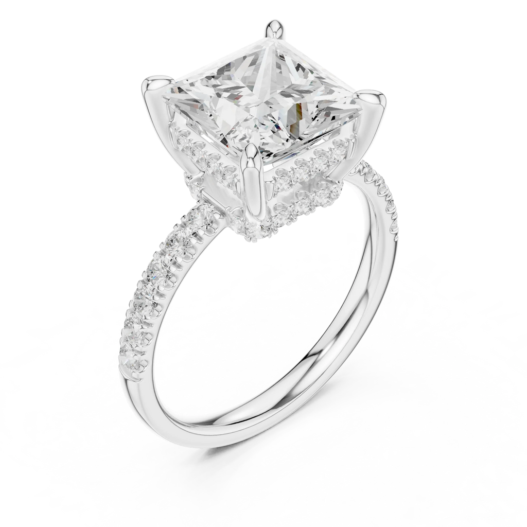 10K White Gold 4.58 CTW Princess Moissanite Double Hidden Halo Cathedral Engagement Diamond Ring