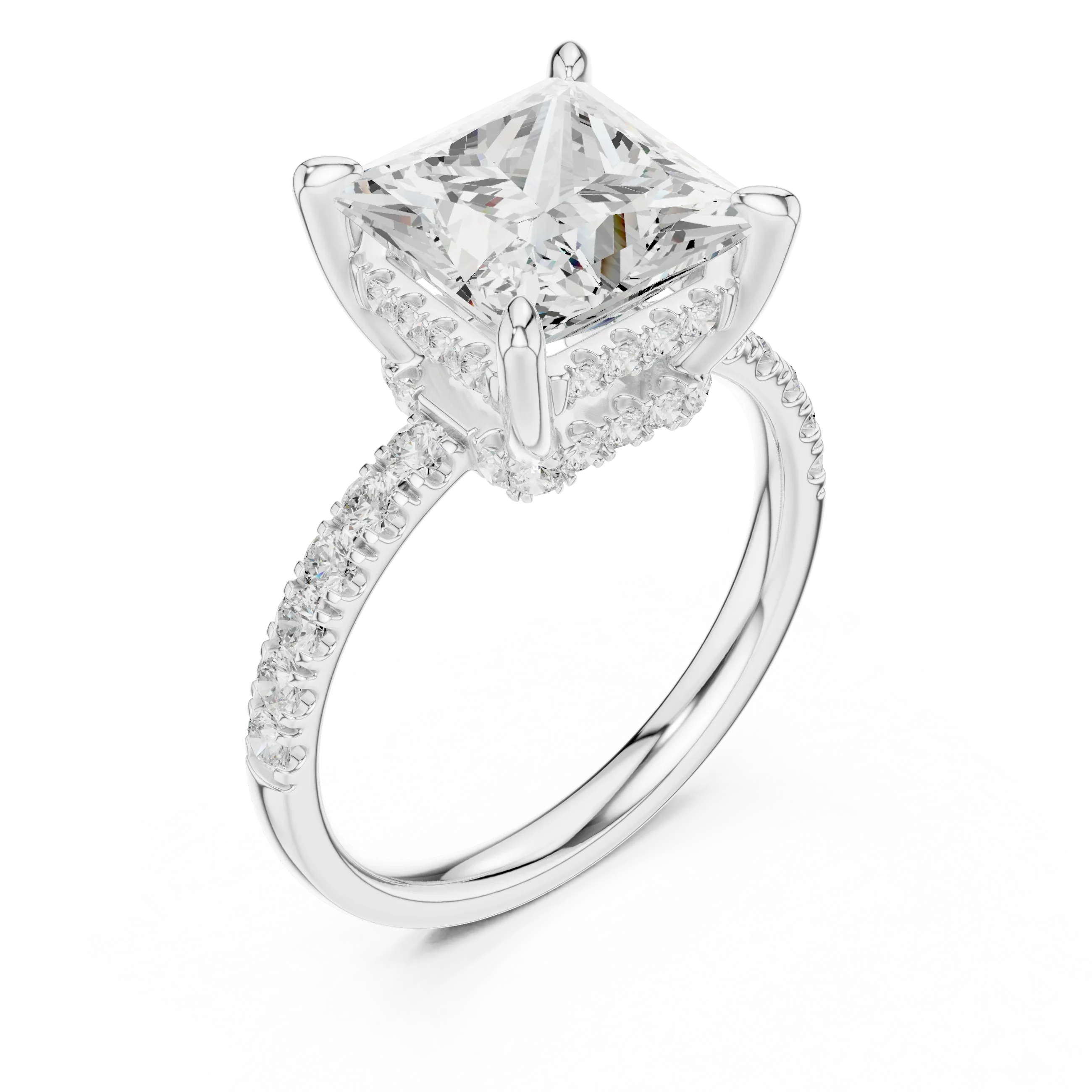 10K White Gold 4.58 CTW Princess Moissanite Double Hidden Halo Cathedral Engagement Diamond Ring