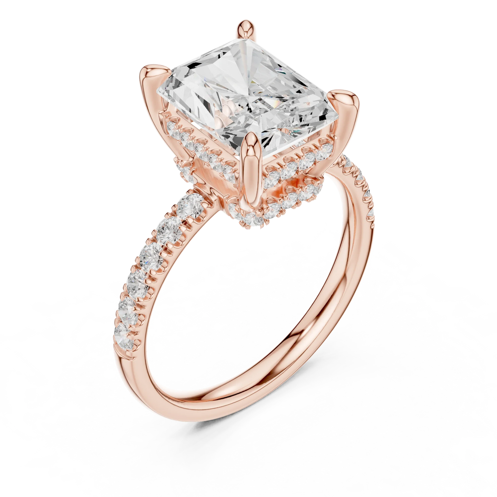 10K White Gold 4.58 CTW Radiant Moissanite Double Hidden Halo Cathedral Engagement Diamond Ring
