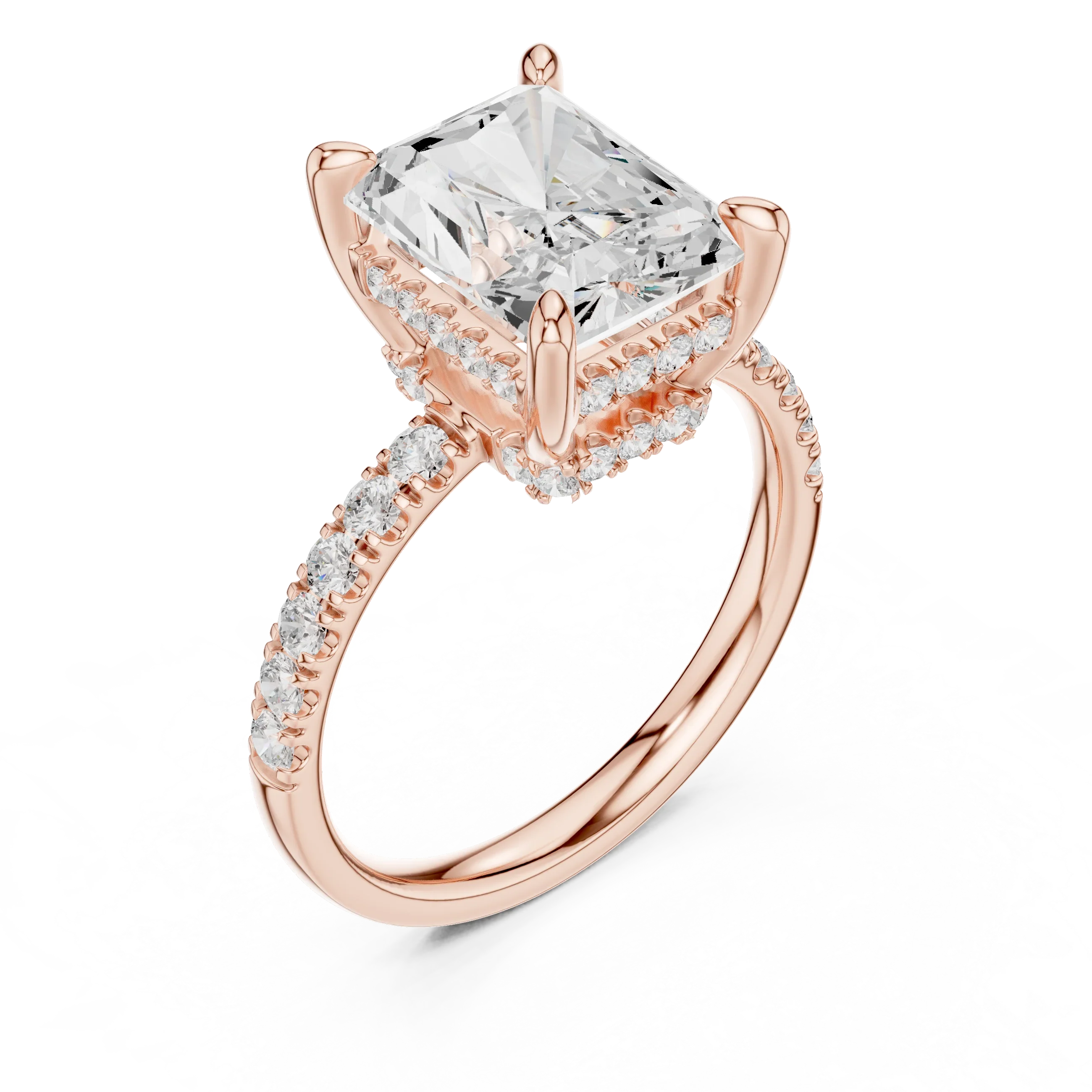 10K White Gold 4.58 CTW Radiant Moissanite Double Hidden Halo Cathedral Engagement Diamond Ring