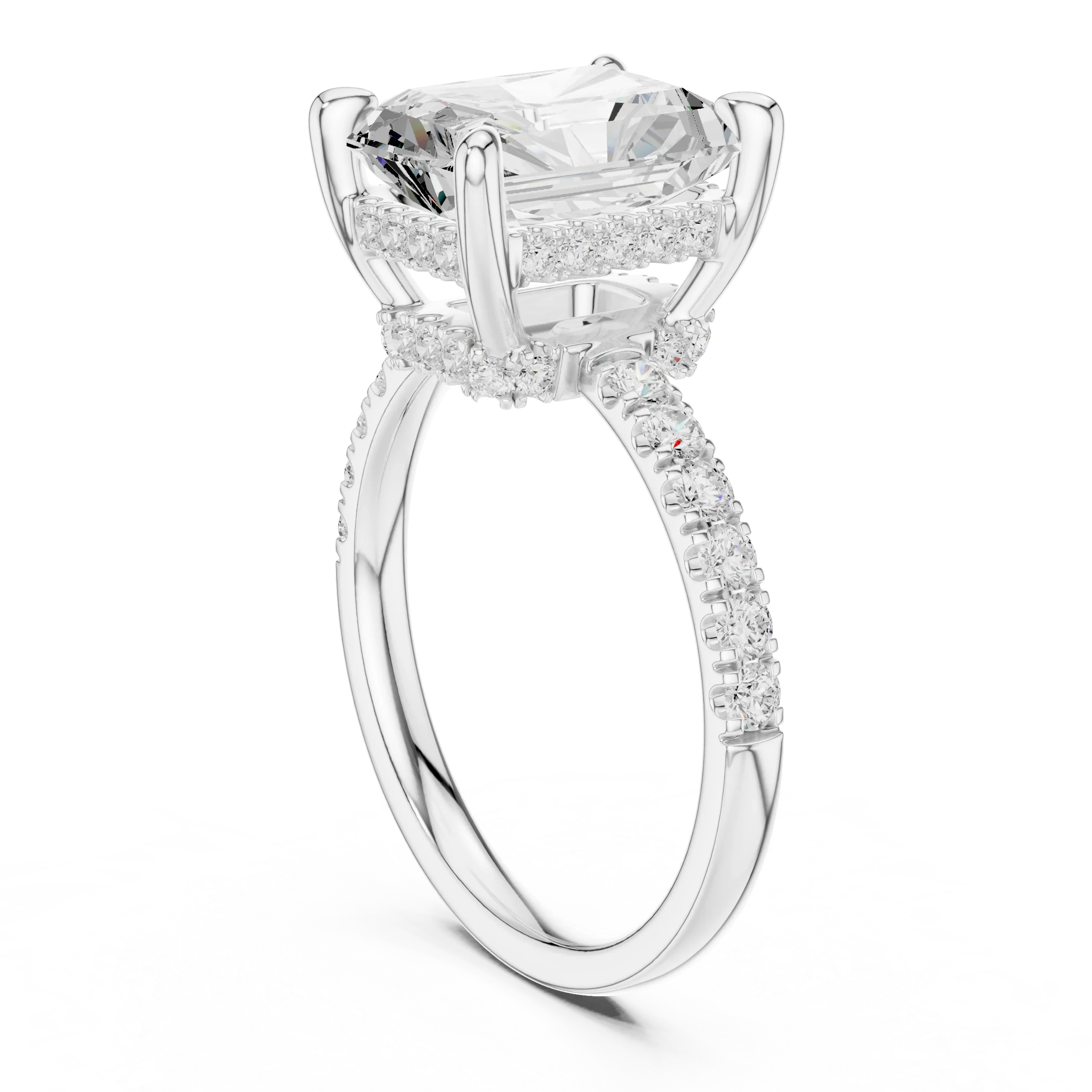 10K White Gold 4.58 CTW Radiant Moissanite Double Hidden Halo Cathedral Engagement Diamond Ring