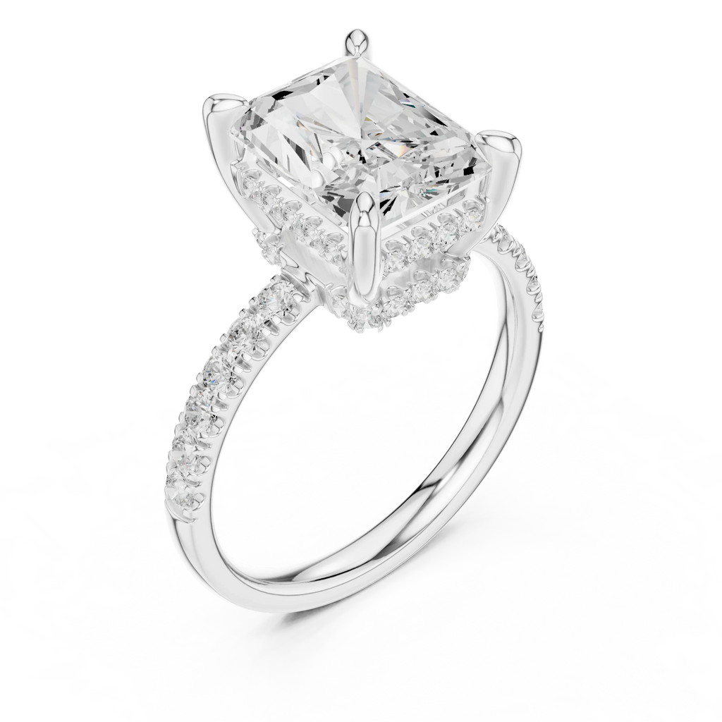 10K White Gold 4.58 CTW Radiant Moissanite Double Hidden Halo Cathedral Engagement Diamond Ring