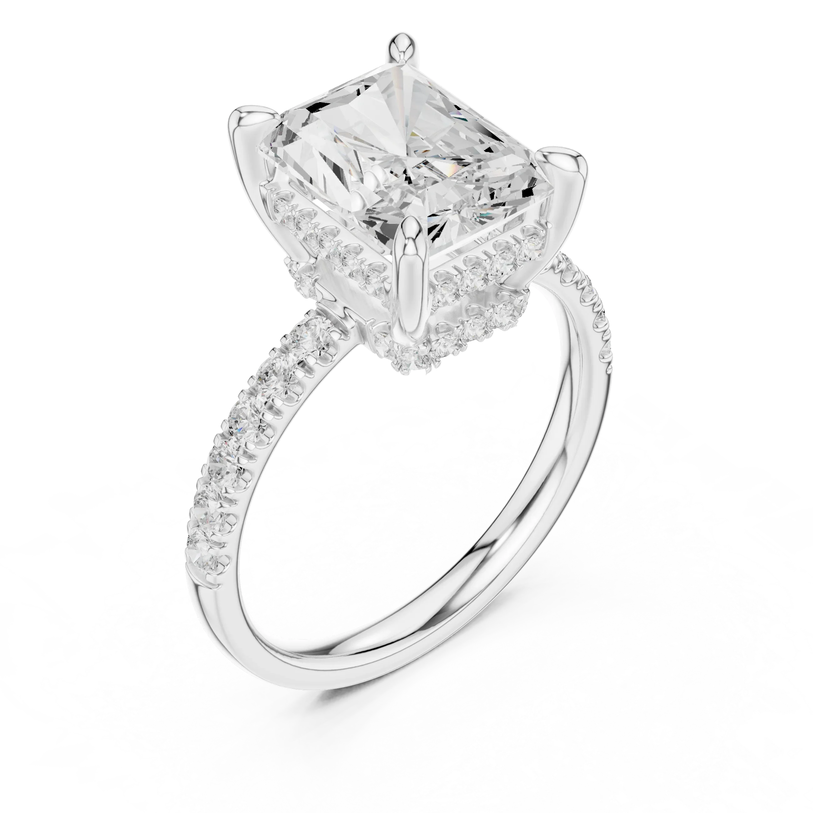 10K White Gold 4.58 CTW Radiant Moissanite Double Hidden Halo Cathedral Engagement Diamond Ring