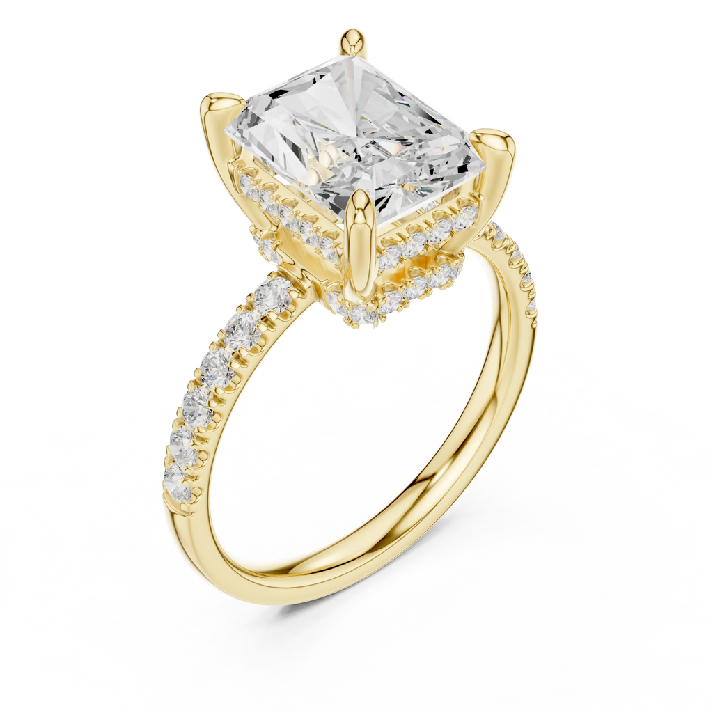 10K White Gold 4.58 CTW Radiant Moissanite Double Hidden Halo Cathedral Engagement Diamond Ring