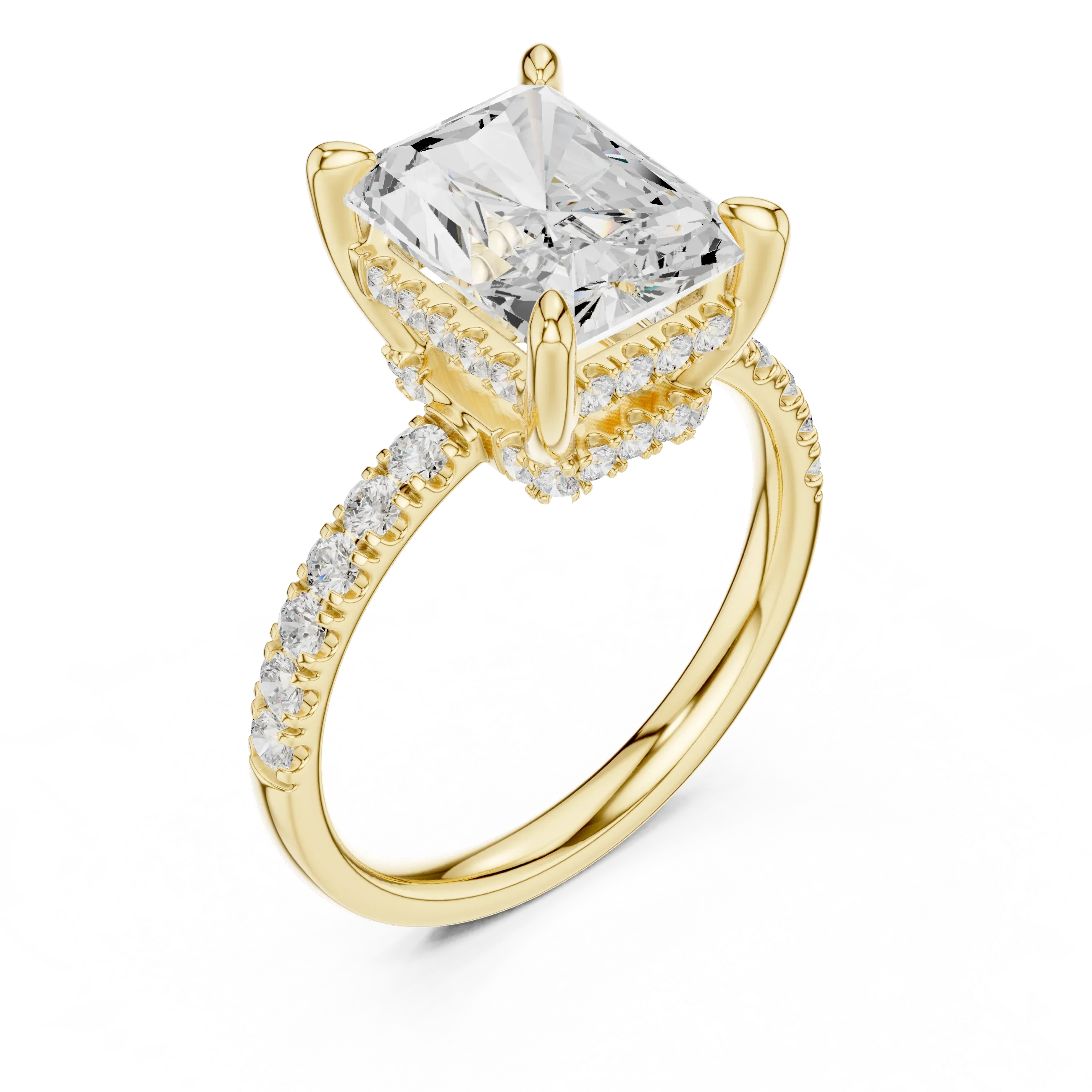 10K White Gold 4.58 CTW Radiant Moissanite Double Hidden Halo Cathedral Engagement Diamond Ring