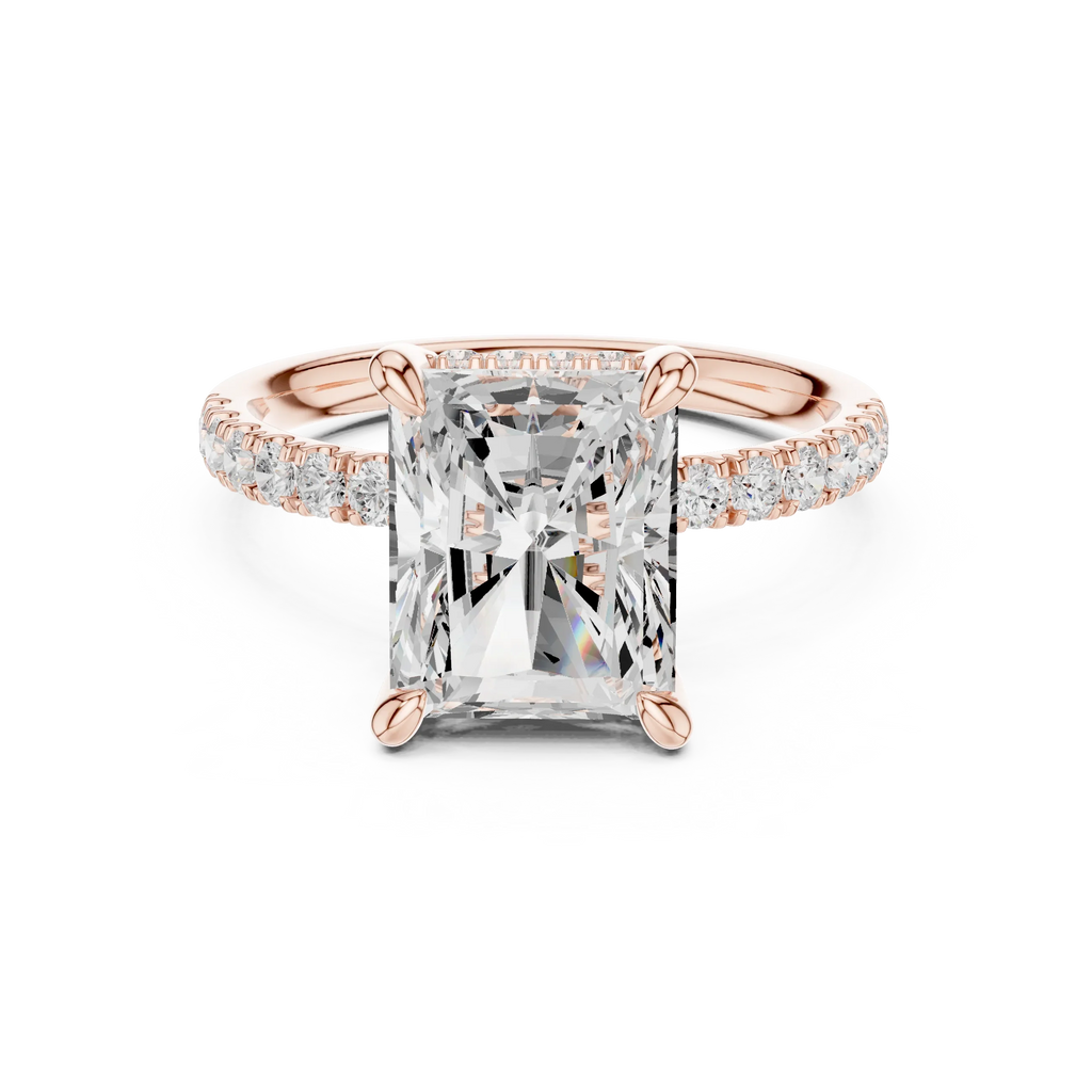 10K White Gold 4.58 CTW Radiant Moissanite Double Hidden Halo Cathedral Engagement Diamond Ring