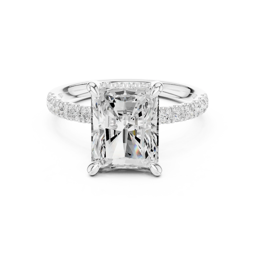 10K White Gold 4.58 CTW Radiant Moissanite Double Hidden Halo Cathedral Engagement Diamond Ring