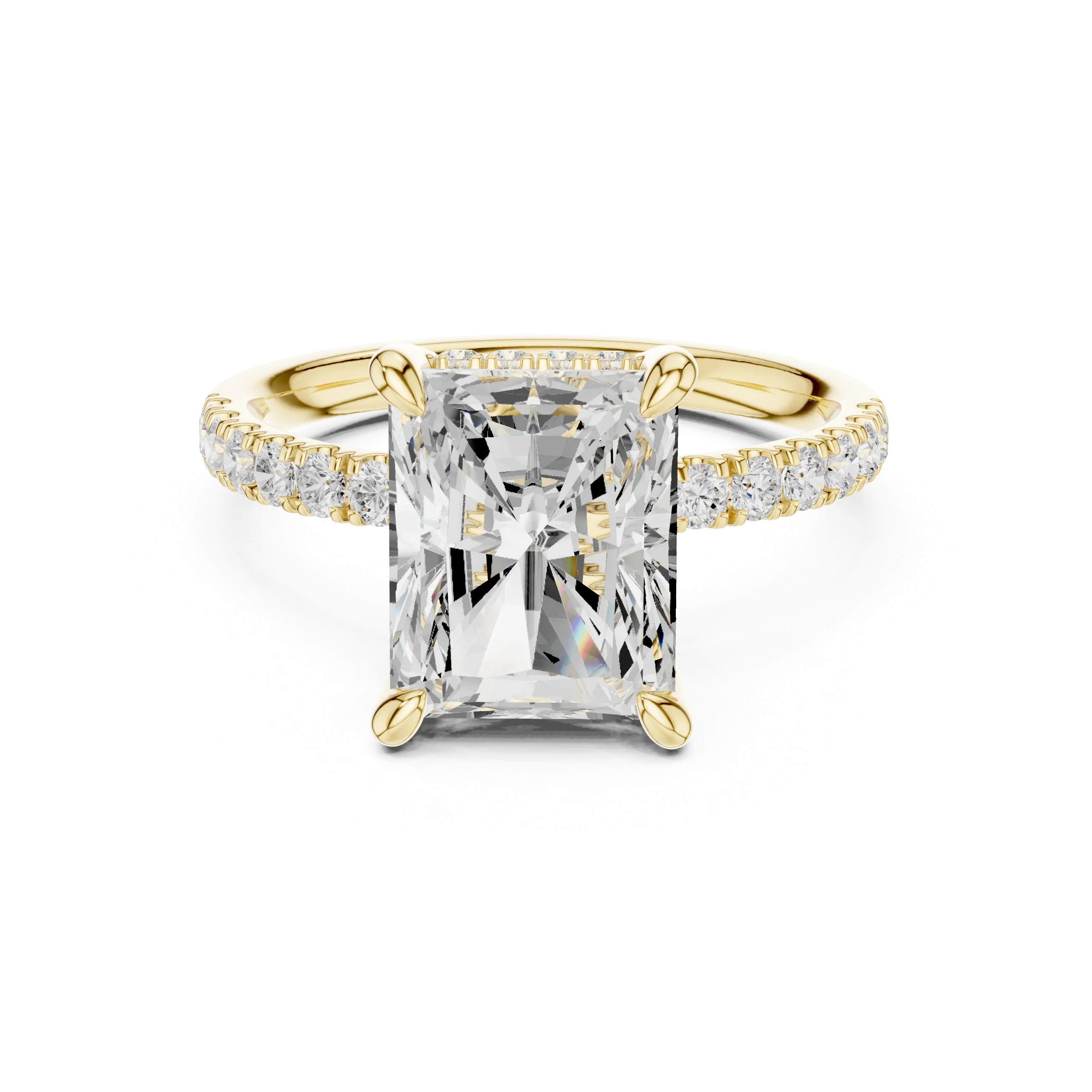 10K White Gold 4.58 CTW Radiant Moissanite Double Hidden Halo Cathedral Engagement Diamond Ring