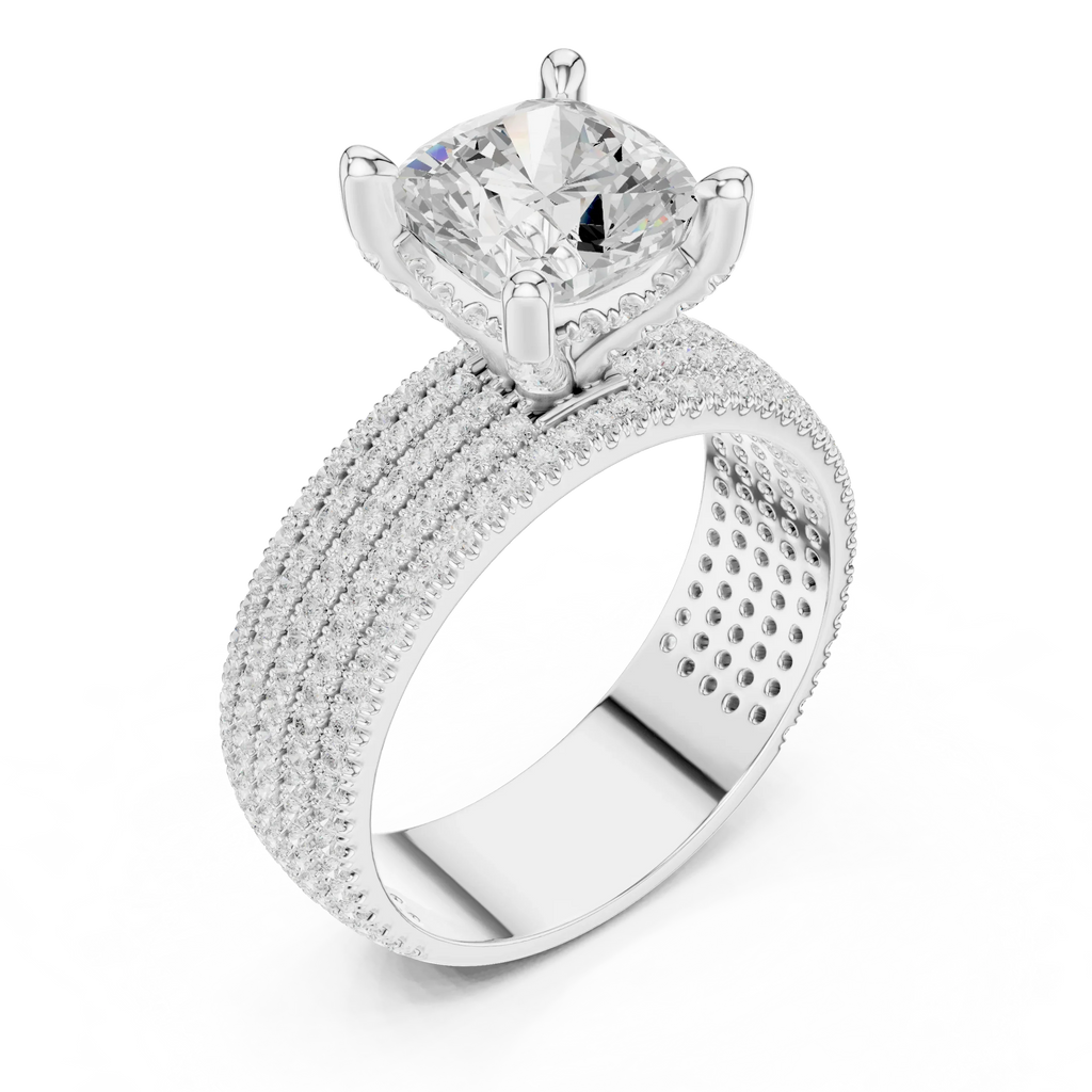 14K White Gold 4.26 CTW Cushion Cut Lab Grown Multi-Row Hidden Halo Engagement Diamond Ring