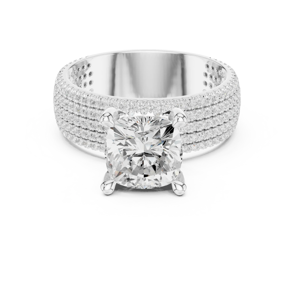 14K White Gold 4.26 CTW Cushion Cut Lab Grown Multi-Row Hidden Halo Engagement Diamond Ring