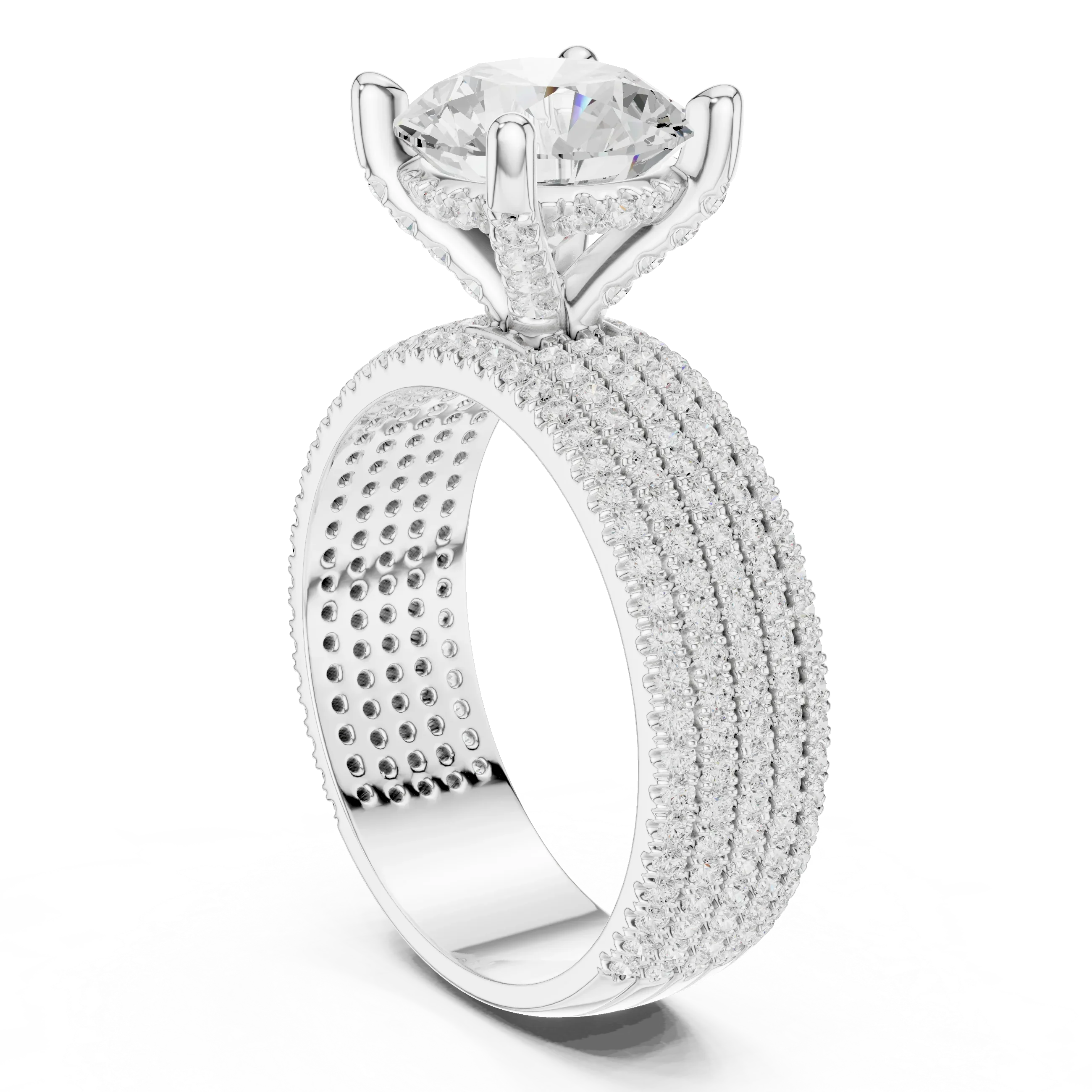 14K White Gold 4.26 CTW Round Cut Lab Grown Multi-Row Hidden Halo Engagement Diamond Ring