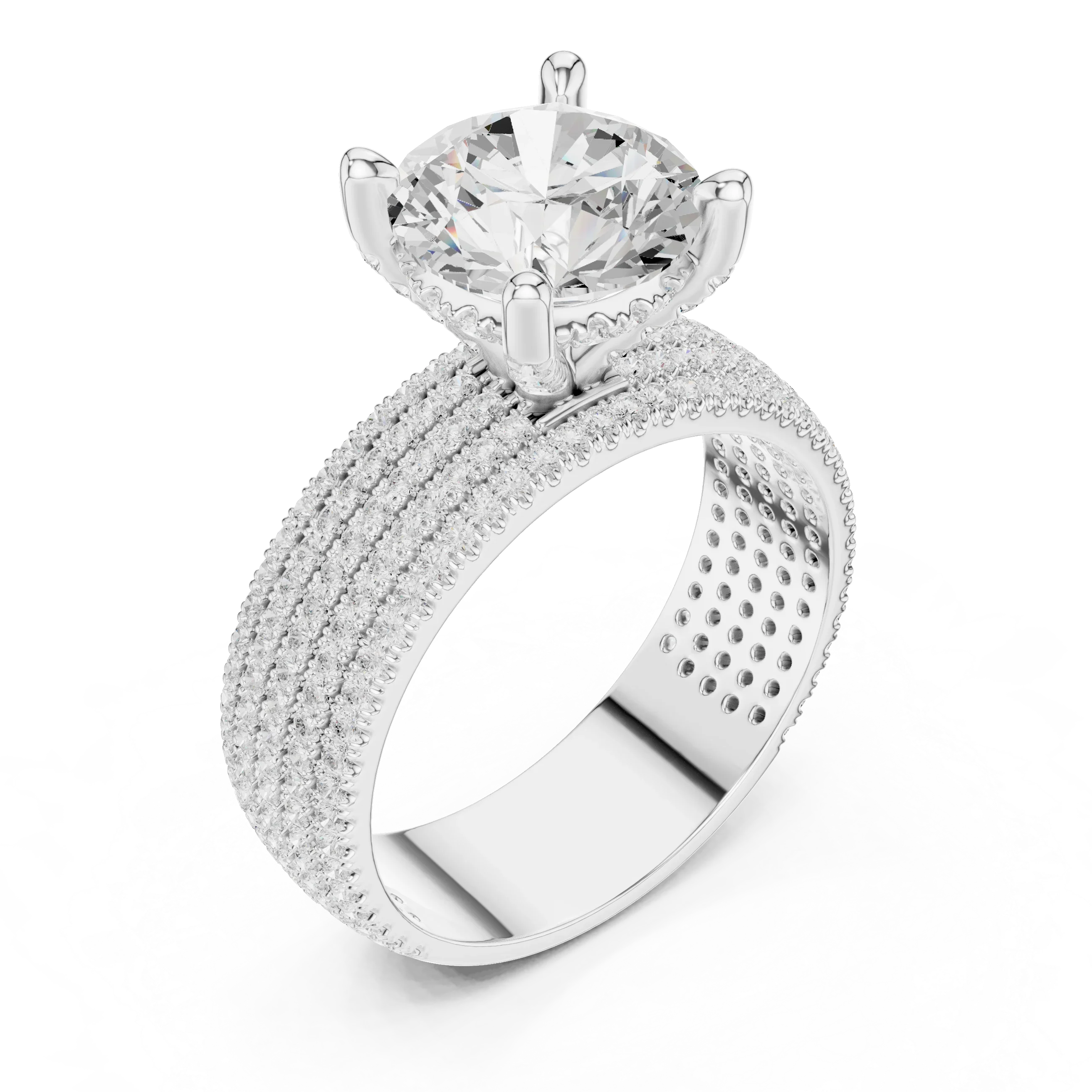 14K White Gold 4.26 CTW Round Cut Lab Grown Multi-Row Hidden Halo Engagement Diamond Ring