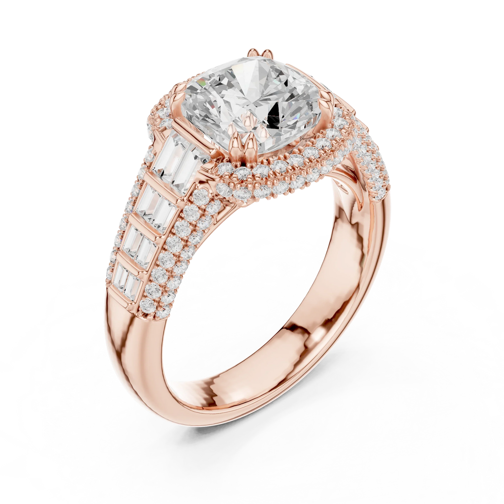 4.04 Cushion Cut Lab Grown Diamond Solitaire Engagement Ring with Round and Baguette Side Accents