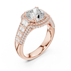 4.04 Cushion Cut Lab Grown Diamond Solitaire Engagement Ring with Round and Baguette Side Accents