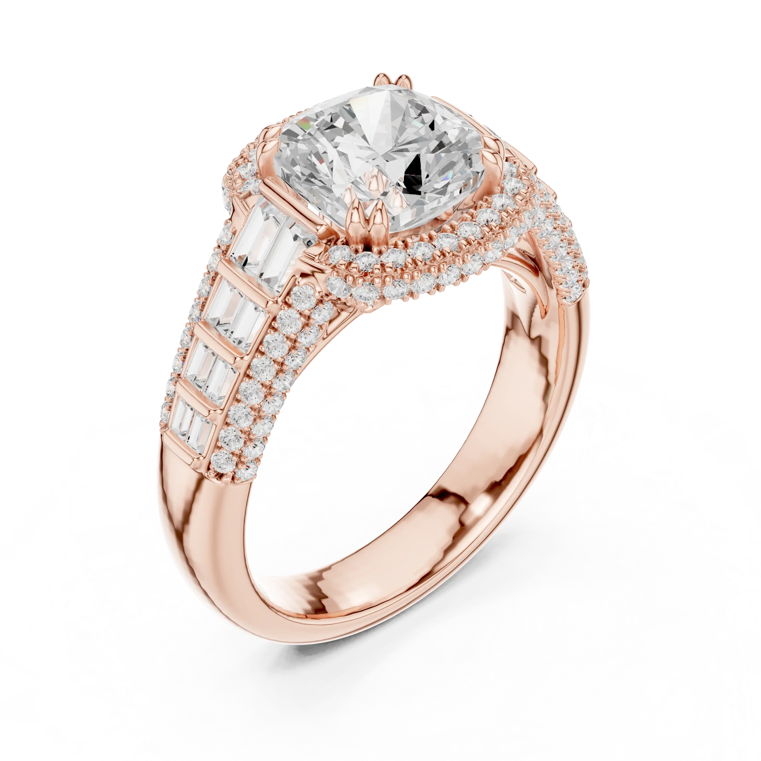 4.04 Cushion Cut Lab Grown Diamond Solitaire Engagement Ring with Round and Baguette Side Accents