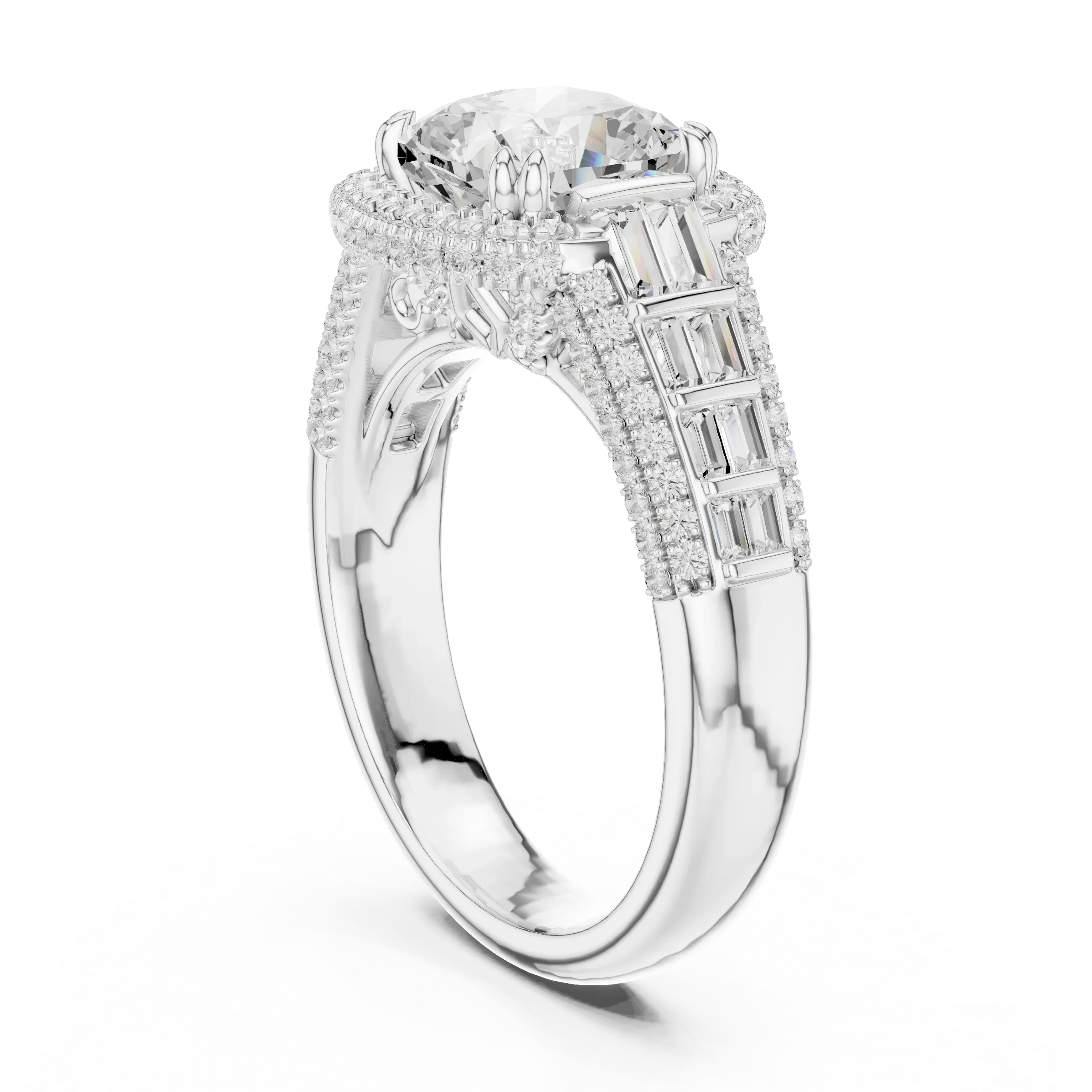 4.04 Cushion Cut Lab Grown Diamond Solitaire Engagement Ring with Round and Baguette Side Accents