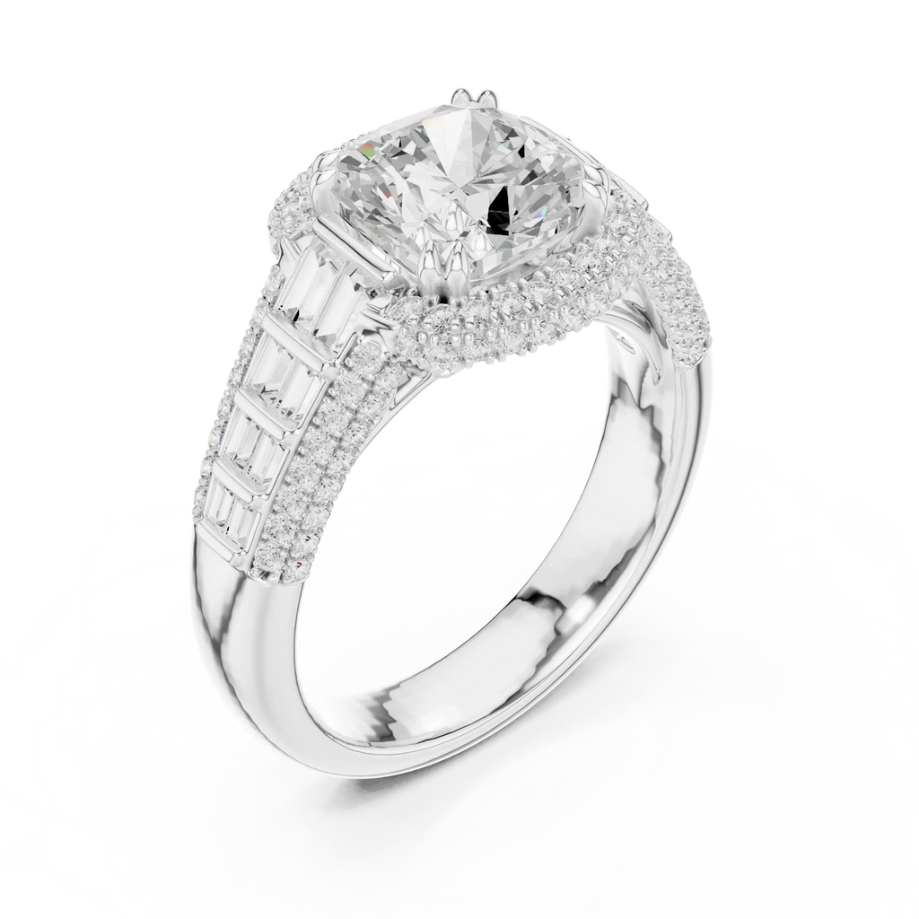 4.04 Cushion Cut Lab Grown Diamond Solitaire Engagement Ring with Round and Baguette Side Accents