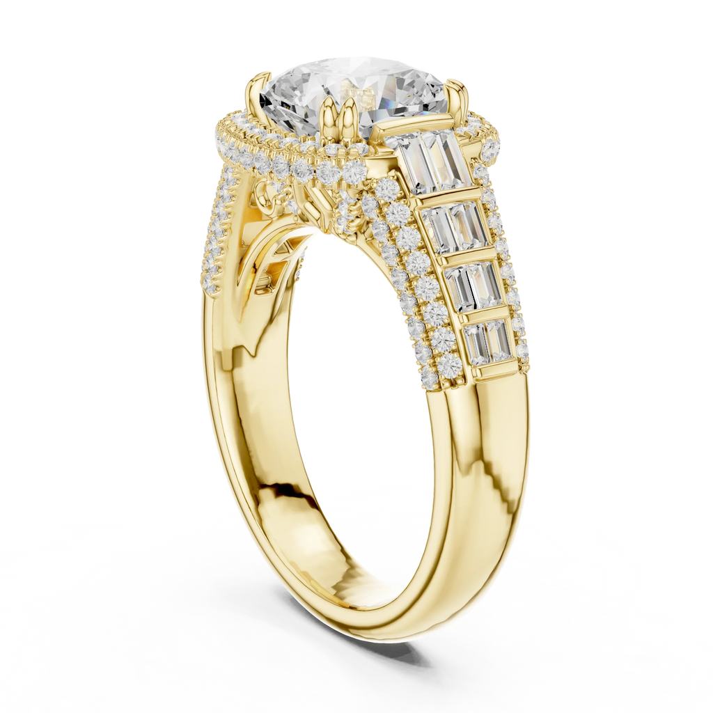 4.04 Cushion Cut Lab Grown Diamond Solitaire Engagement Ring with Round and Baguette Side Accents