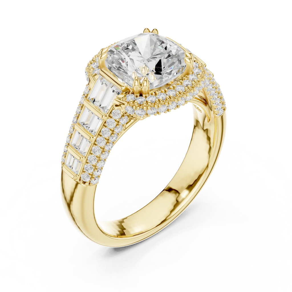 4.04 Cushion Cut Lab Grown Diamond Solitaire Engagement Ring with Round and Baguette Side Accents