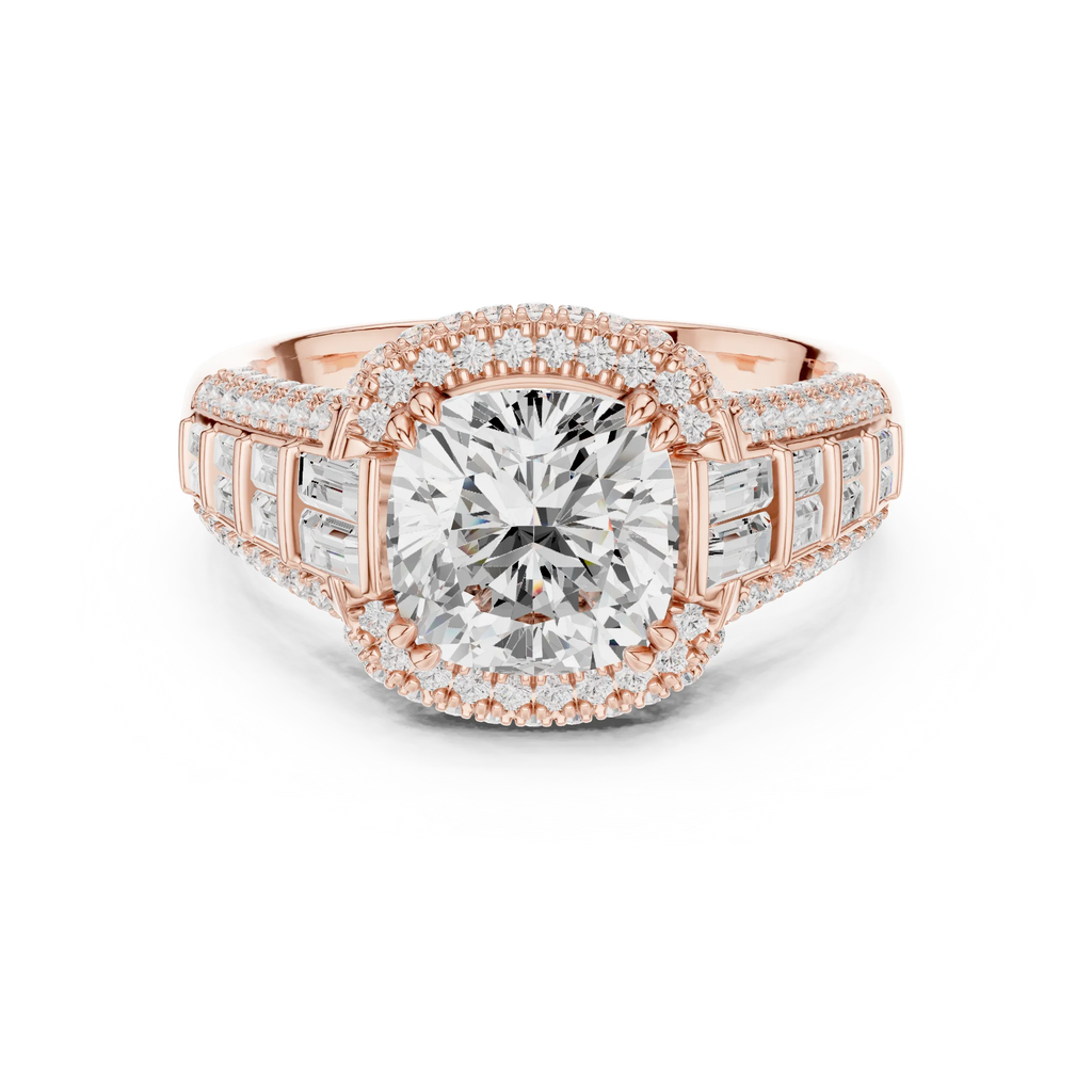 4.04 Cushion Cut Lab Grown Diamond Solitaire Engagement Ring with Round and Baguette Side Accents