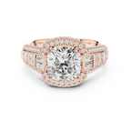 4.04 Cushion Cut Lab Grown Diamond Solitaire Engagement Ring with Round and Baguette Side Accents