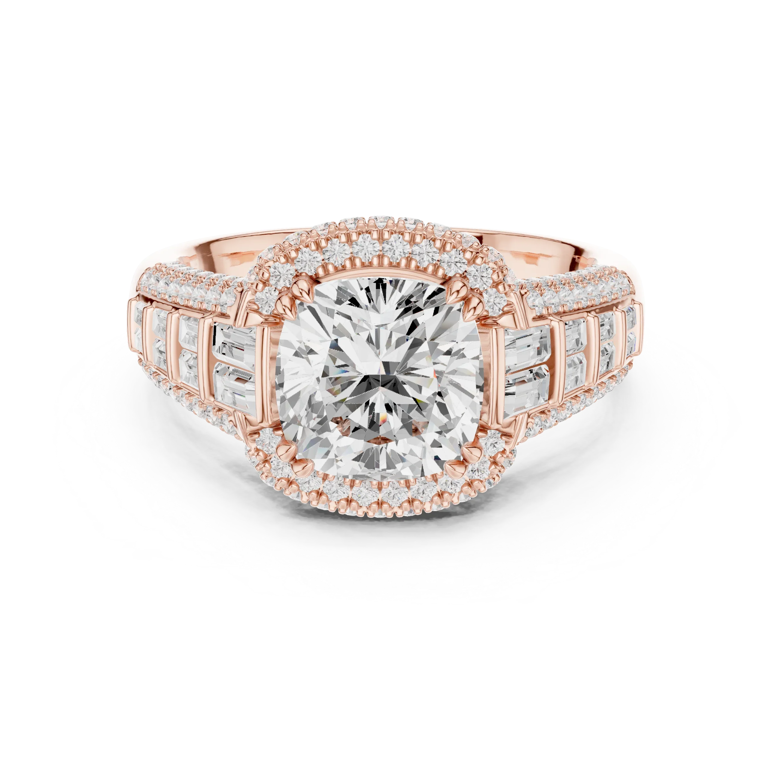 4.04 Cushion Cut Lab Grown Diamond Solitaire Engagement Ring with Round and Baguette Side Accents