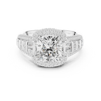 4.04 Cushion Cut Lab Grown Diamond Solitaire Engagement Ring with Round and Baguette Side Accents