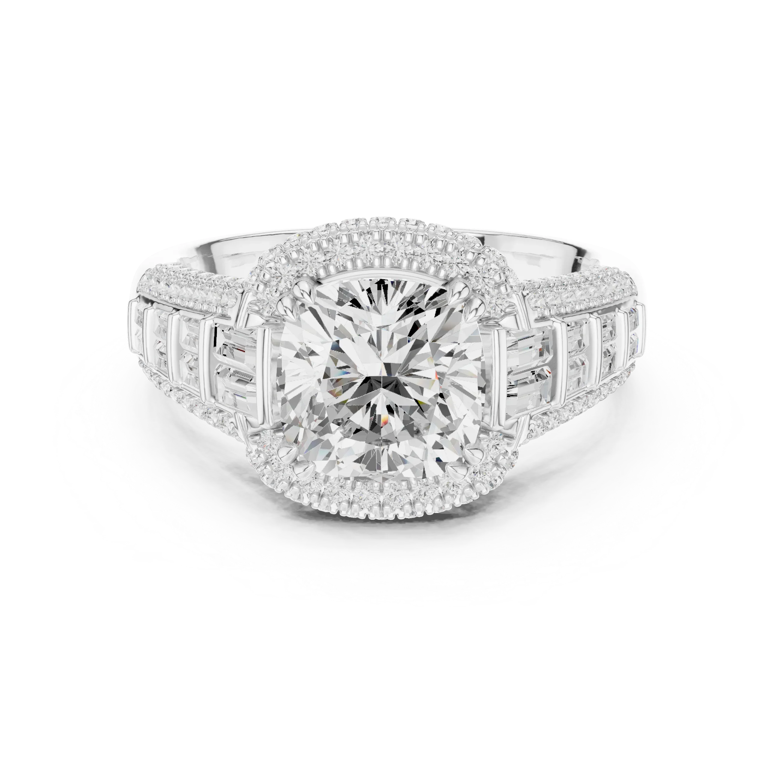 4.04 Cushion Cut Lab Grown Diamond Solitaire Engagement Ring with Round and Baguette Side Accents