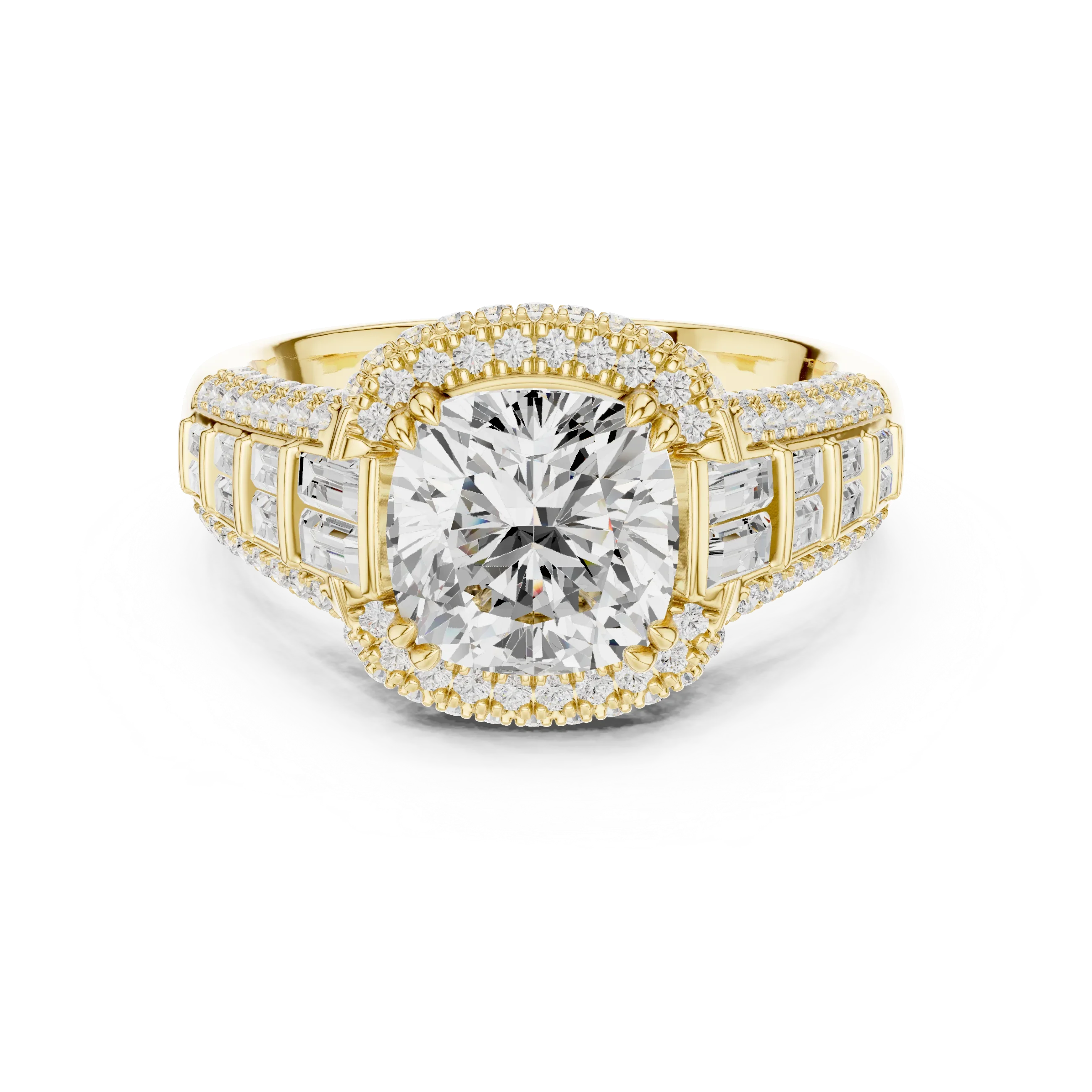 4.04 Cushion Cut Lab Grown Diamond Solitaire Engagement Ring with Round and Baguette Side Accents