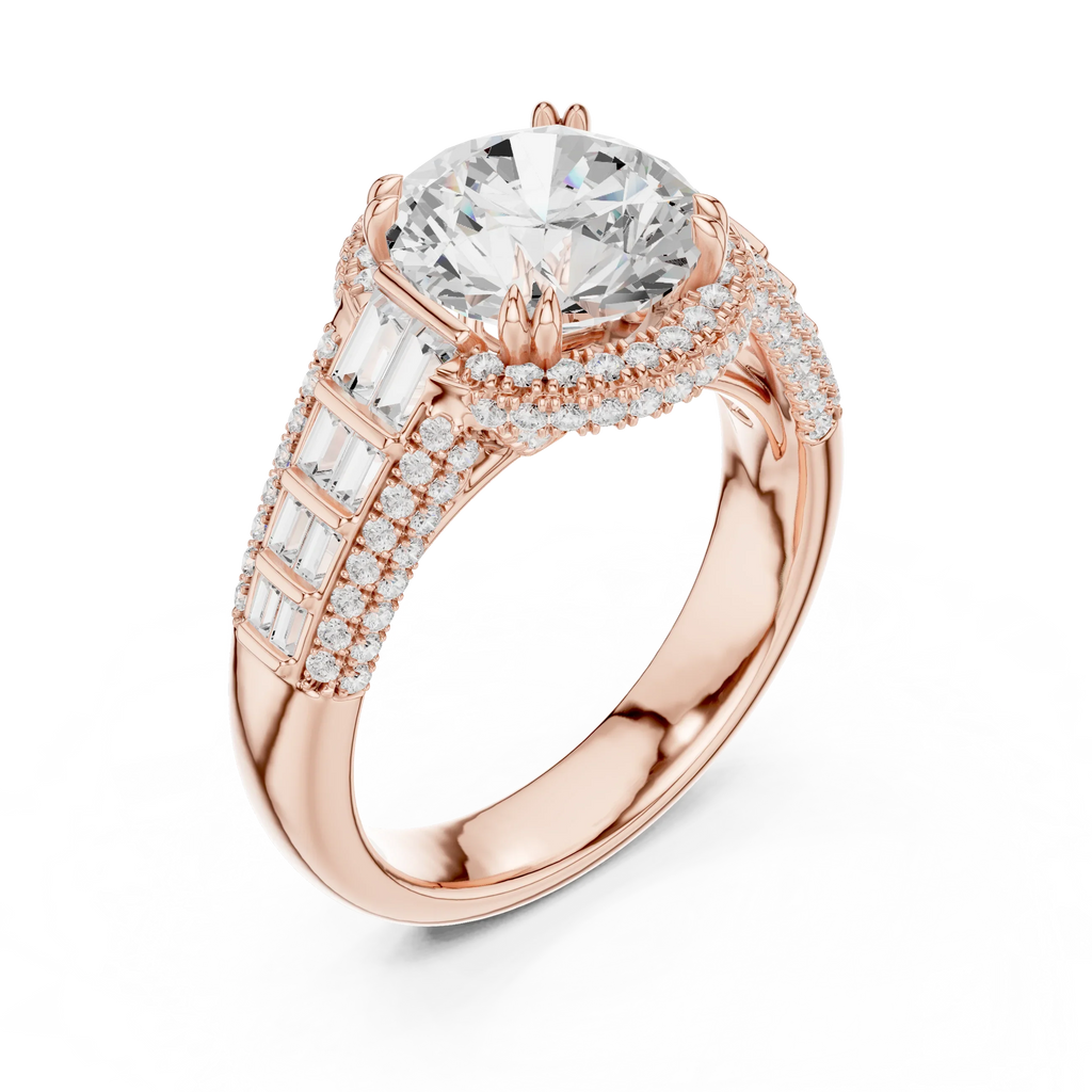 4.04 CTW Round Moissanite 14K White Gold Cathedral Engagement Ring wiith Tapered Baguette Side Stones