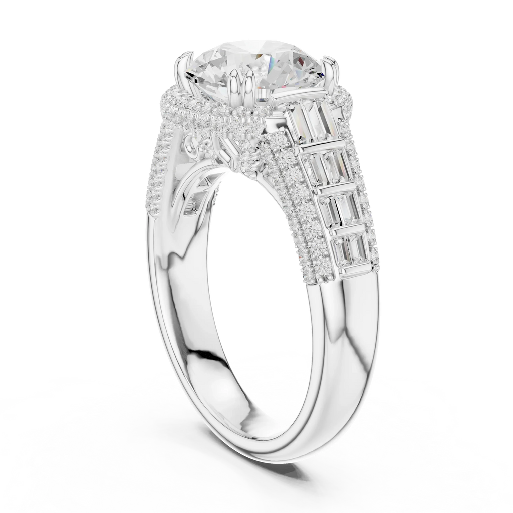 4.04 CTW Round Moissanite 14K White Gold Cathedral Engagement Ring wiith Tapered Baguette Side Stones